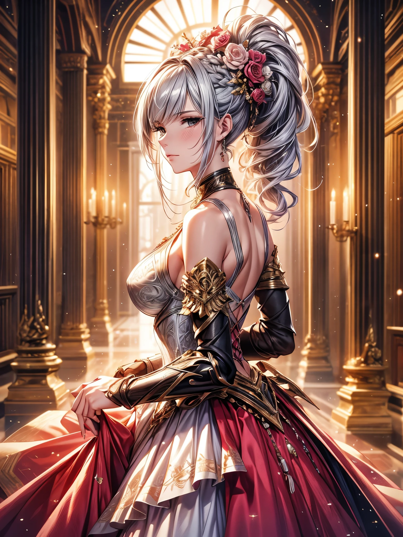 Miss, Serious, warrior, armor, elegant, Pink skirt, Noble, Silver, Long nails, Bare shoulders, hairstyle, hair, Braids and Ponytails, messy, arrogant, absurd, Detailed dress, royalties, celebration, Colorful glitter surrounds the body, Hall decorated with flowers, Cowboy shooting, portrait, (best quality), (masterpiece), (Very detailed), (4K), Octane Render