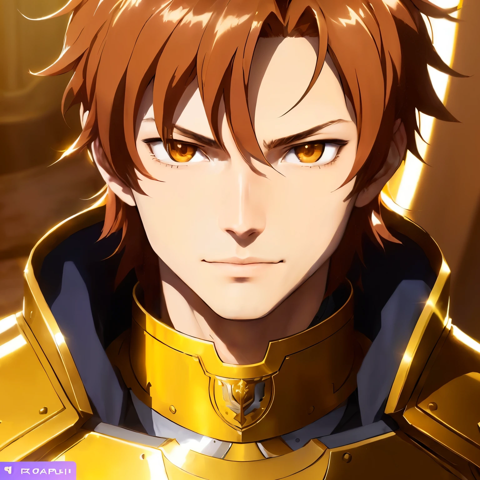 a close up of a realistic person in a uniform with a sword, official art, handsome guy, the golden armor knight, golden shining armor, roguish smirk, gold paladin, orange haired boy
