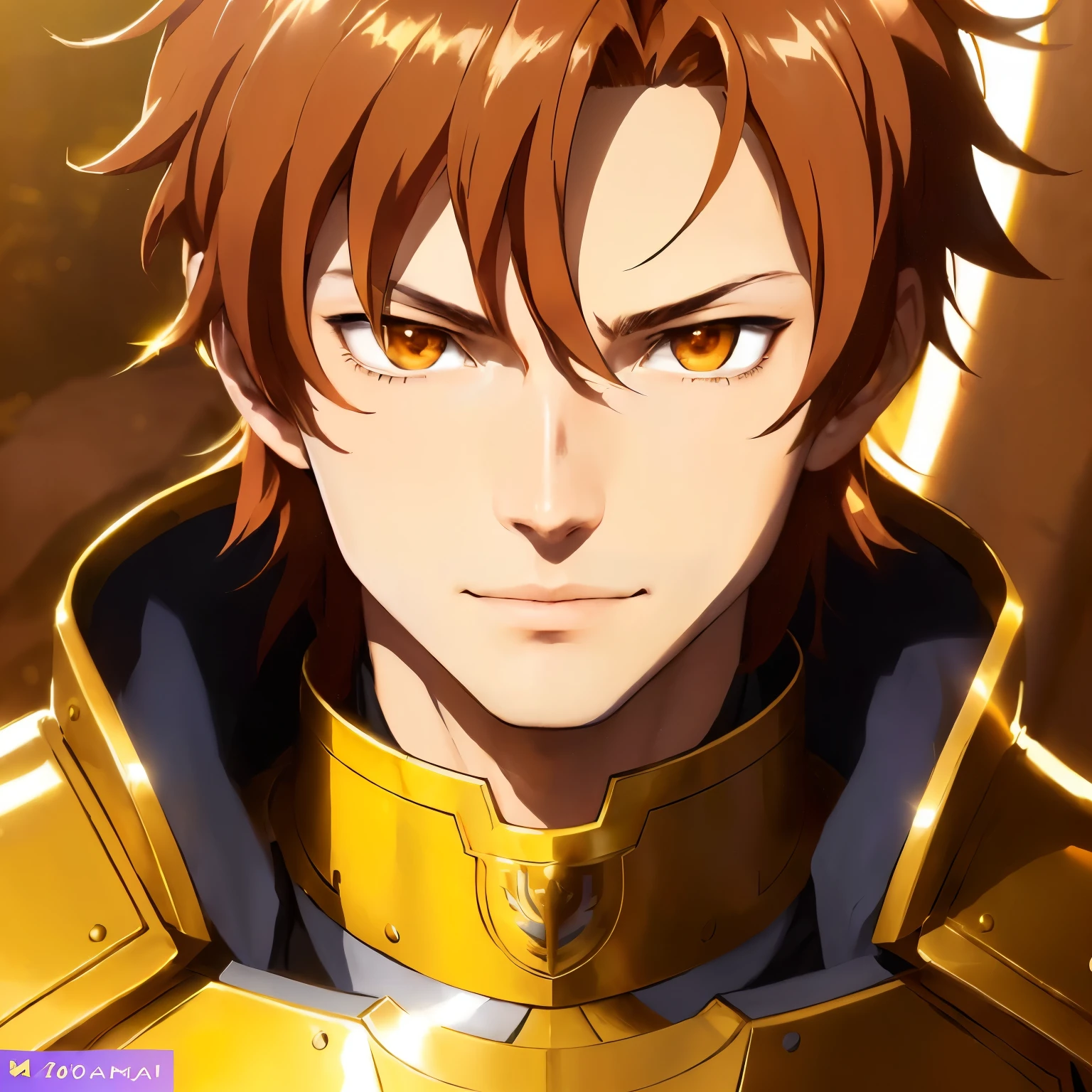 a close up of a realistic person in a uniform with a sword, official art, handsome guy, the golden armor knight, golden shining armor, roguish smirk, gold paladin, orange haired boy