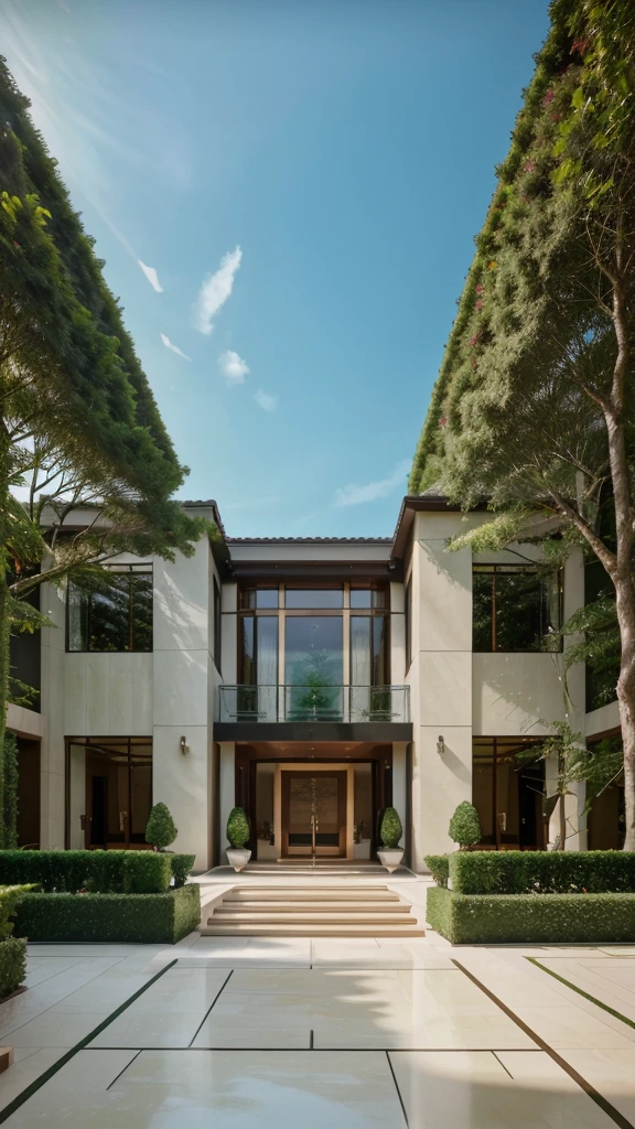 a majestic modern mansion standing tall amidst a lush, expansive garden, clean contemporary architectural lines accentuated by large windows allowing abundant natural light to pour in, the facade clad in premium materials like marble and glass reflecting the opulence within, a paved pathway leading to the grand main entrance with solid wooden doors opening to reveal a spacious and luxurious foyer decorated with artworks and designer furniture, an infinity pool in the background adding a touch of elegance and serenity, a true symbol of sophistication and refinement, (best quality,4k,8k,highres,masterpiece:1.2),ultra-detailed,(realistic,photorealistic,photo-realistic:1.37),HDR,UHD,studio lighting,ultra-fine painting,sharp focus,physically-based rendering,extreme detail description,professional,vivid colors,bokeh,architecture,landscape,interior design,luxury,opulence