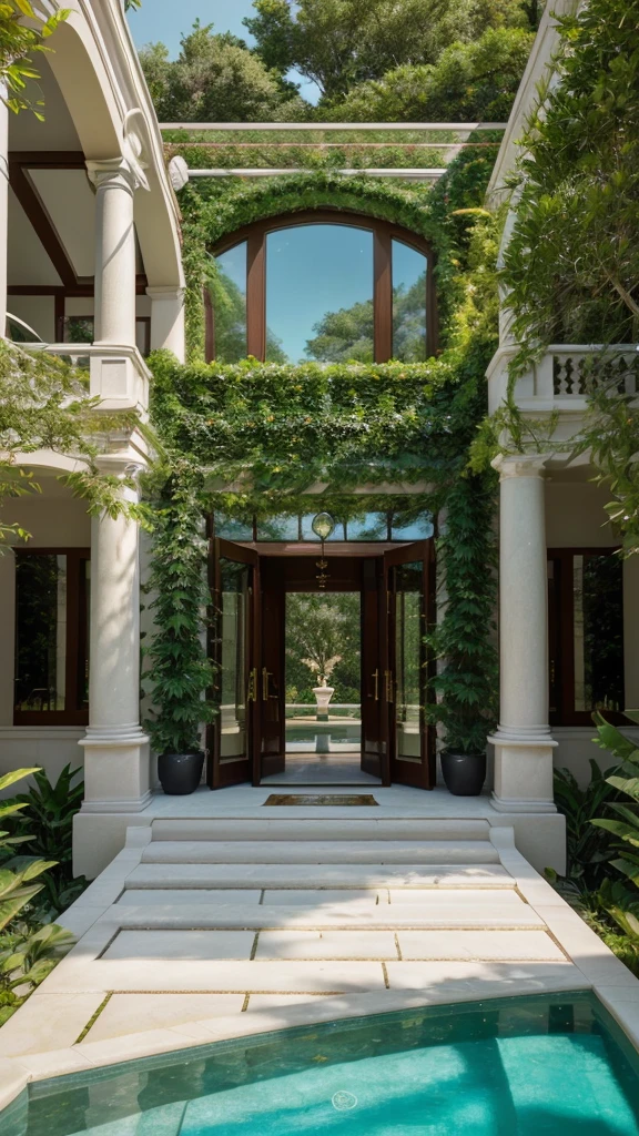 a majestic modern mansion standing tall amidst a lush, expansive garden, clean contemporary architectural lines accentuated by large windows allowing abundant natural light to pour in, the facade clad in premium materials like marble and glass reflecting the opulence within, a paved pathway leading to the grand main entrance with solid wooden doors opening to reveal a spacious and luxurious foyer decorated with artworks and designer furniture, an infinity pool in the background adding a touch of elegance and serenity, a true symbol of sophistication and refinement, (best quality,4k,8k,highres,masterpiece:1.2),ultra-detailed,(realistic,photorealistic,photo-realistic:1.37),HDR,UHD,studio lighting,ultra-fine painting,sharp focus,physically-based rendering,extreme detail description,professional,vivid colors,bokeh,architecture,landscape,interior design,luxury,opulence