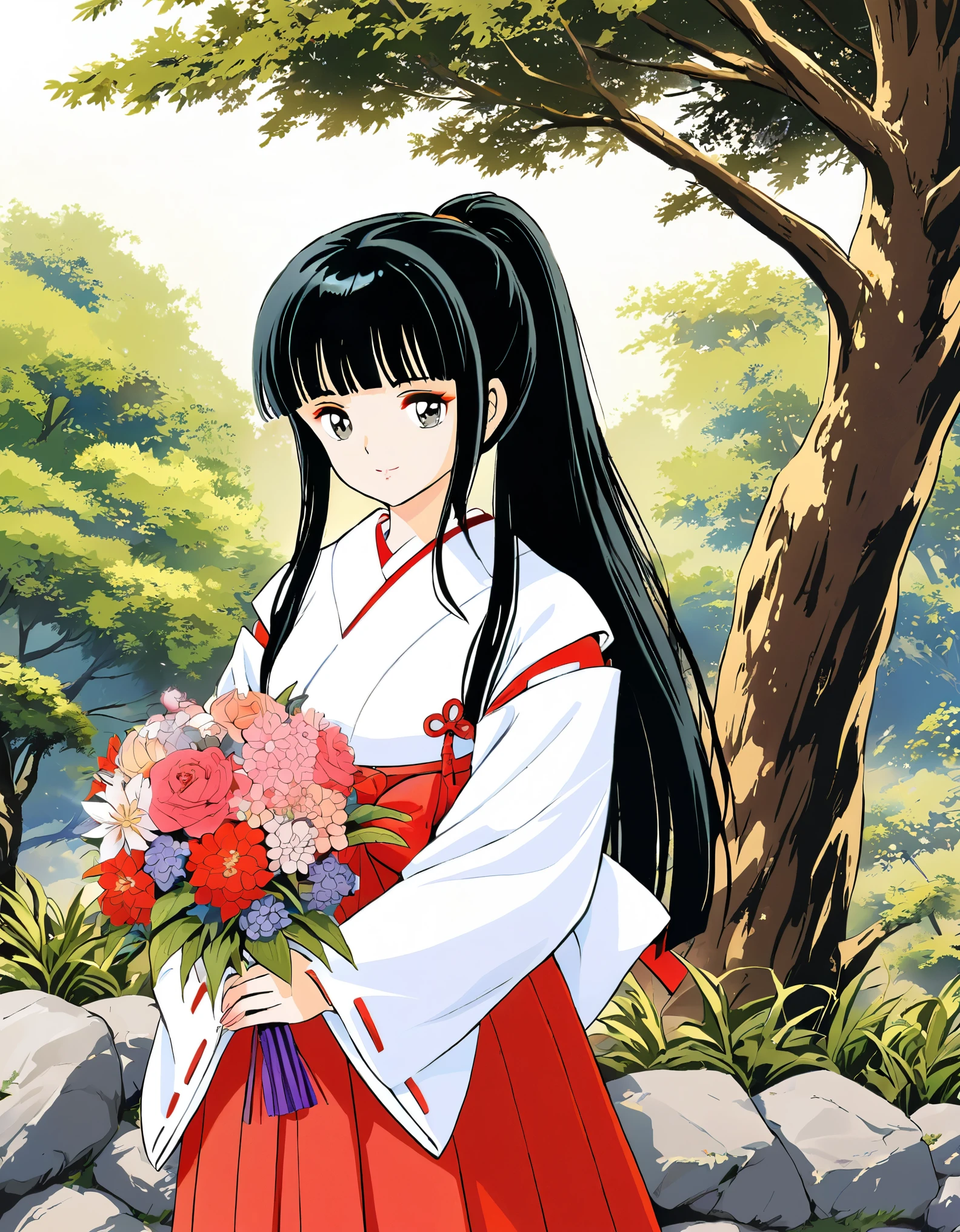 Kikyo,1girl,solo,japanese clothes,miko,flower,skirt,black hair,long hair,hakama skirt,bouquet,tree,hime cut,kimono,ponytail,red hakama,