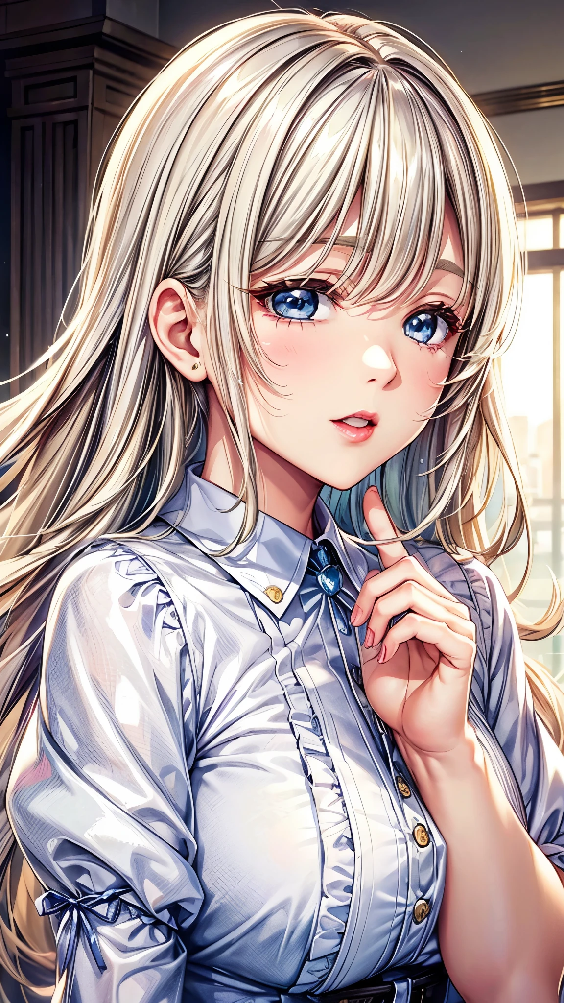Beautiful white and shining skin、Blonde hair color that changes depending on the light、Long bangs between the eyes obstruct vision、Shiny highlights on cheeks、Sexy and very beautiful lovely cute gorgeous face、the most beautiful face in the world、Super long gorgeous spare blonde hair、smooth straight hair、big breasts, Huge, bright, light blue eyes、beautiful bangs、beautiful cute girl.small face beauty、cheek gloss highlight