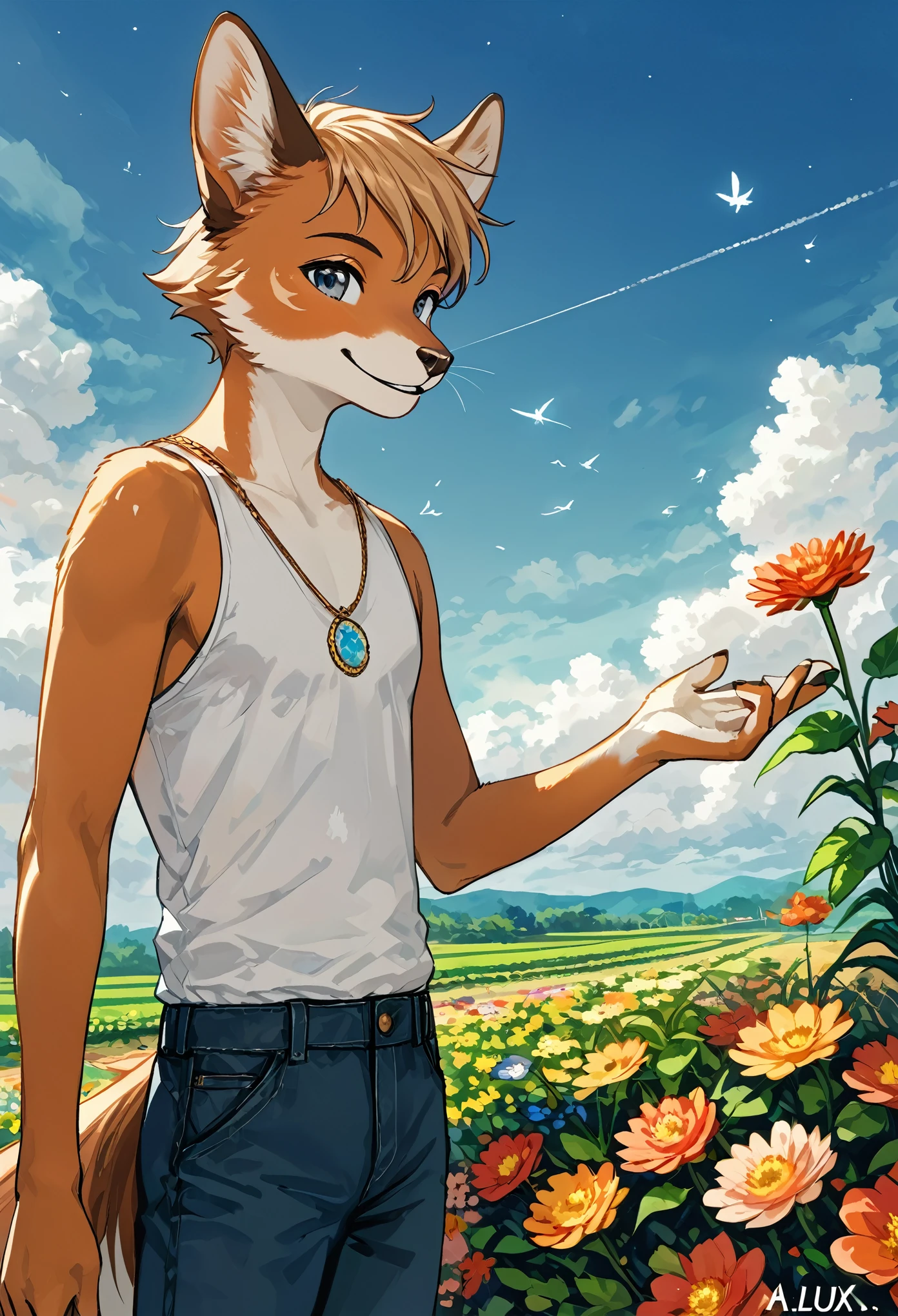 top quality, highres, High-quality illustrations, unparalleled masterpiece(movie of life)farm, Blue sky, clouds, florals Beautiful garden(furry anthro, solo, boy, casual fashion, Relux pose, Smile)absurdres, perfect anatomy, anime style, dynamic angle,