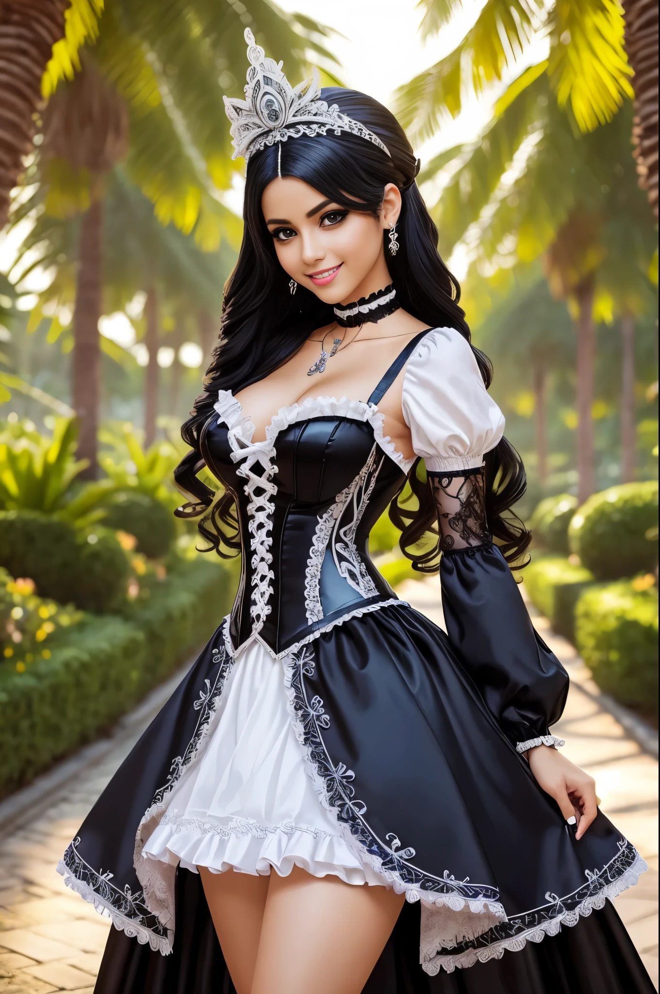 sexy stylish Brazilian model, only 1 female, long stylish hair, very detailed Victorian-Style boots, (big smile), very detailed eyes, lipgloss, long lashes, defined eyebrows, ((sexy Paradise Kiss cosplay)), bell-shaped skirt, petticoats, high neckline, puffed sleeves, (( very detailed lace)), ((very detailed embroidery)), intricate details, Paradise Kiss accessoires and matching headpiece, choker, ((large sparkling Paradise Kiss jewelry)), cinematic light, detailed large park background with trees