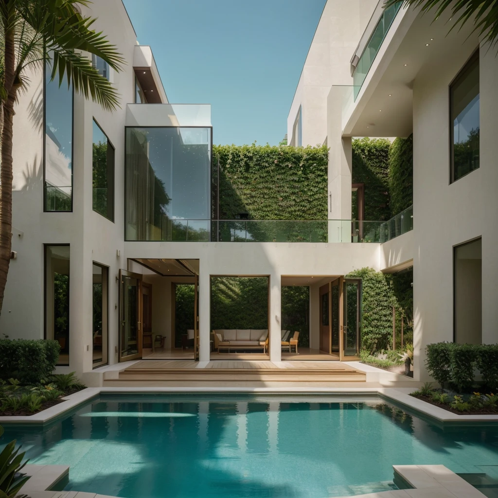 a majestic modern mansion standing tall amidst a lush, expansive garden, clean contemporary architectural lines accentuated by large windows allowing abundant natural light to pour in, the facade clad in premium materials like marble and glass reflecting the opulence within, a paved pathway leading to the grand main entrance with solid wooden doors opening to reveal a spacious and luxurious foyer decorated with artworks and designer furniture, an infinity pool in the background adding a touch of elegance and serenity, a true symbol of sophistication and refinement, (best quality,4k,8k,highres,masterpiece:1.2),ultra-detailed,(realistic,photorealistic,photo-realistic:1.37),HDR,UHD,studio lighting,ultra-fine painting,sharp focus,physically-based rendering,extreme detail description,professional,vivid colors,bokeh,architecture,landscape,interior design,luxury,opulence