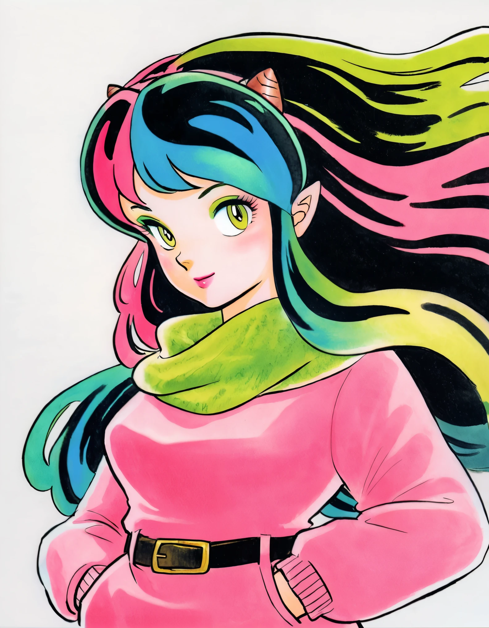 1girl,solo,horns,scarf,long hair,lum,sweater,green hair,white background,pink sweater,green eyes,makeup,hands in pockets,multicolored hair,1980s (style),simple background,casual,oni horns,eyeshadow,belt,traditional media,pointy ears,floating hair,retro artstyle,oni,upper body,