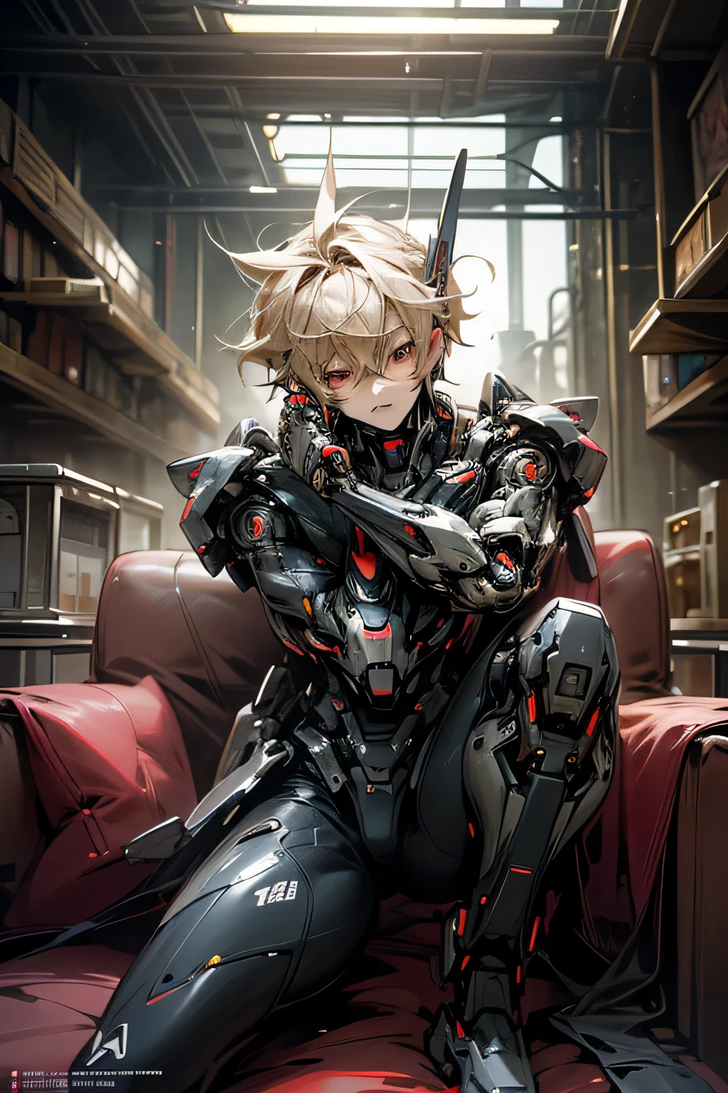 20 year old anime male, with black robotic torso, neck and arms, short messy blond hair, red eyes, sitting on a sofa and in a warm and homey environment, anime mecha aesthetic, detailed digital anime art, robotic anime mixed with organic, Genos, cyberpunk anime digital art, mecha aesthetic, trend in artstation pixiv, exquisite highly detailed fanart, advanced digital anime art, digital anime illustration, animated cyborg, dynamic pose