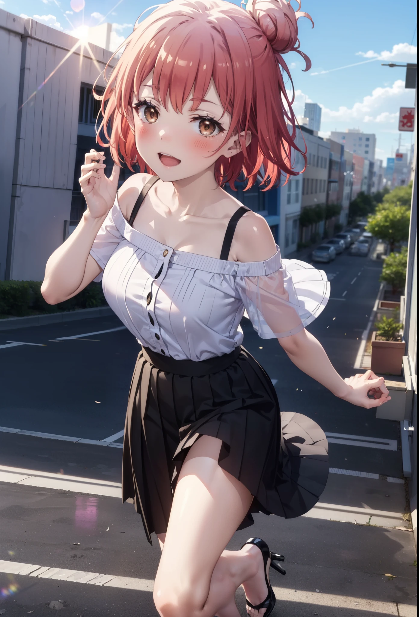 yuiyuigahama, yui yuigahama, short hair, (Brown eyes:1.5), (Pink Hair:1.2), Hair Bun, Big Breasts,single Hair Bun, happy smile, smile, Open your mouth,Cord off-shoulder top,Short sleeve,Long skirt,Stiletto heels,morning,morning陽,The sun is rising,walk,whole bodyがイラストに入るように,morning,morning陽,The sun is rising,On the way to school,
break outdoors, School,School building,
break looking at viewer, whole body,
break (masterpiece:1.2), highest quality, High resolution, unity 8k wallpaper, (shape:0.8), (Beautiful details:1.6), Highly detailed face, Perfect lighting, Highly detailed CG, (Perfect hands, Perfect ???????),