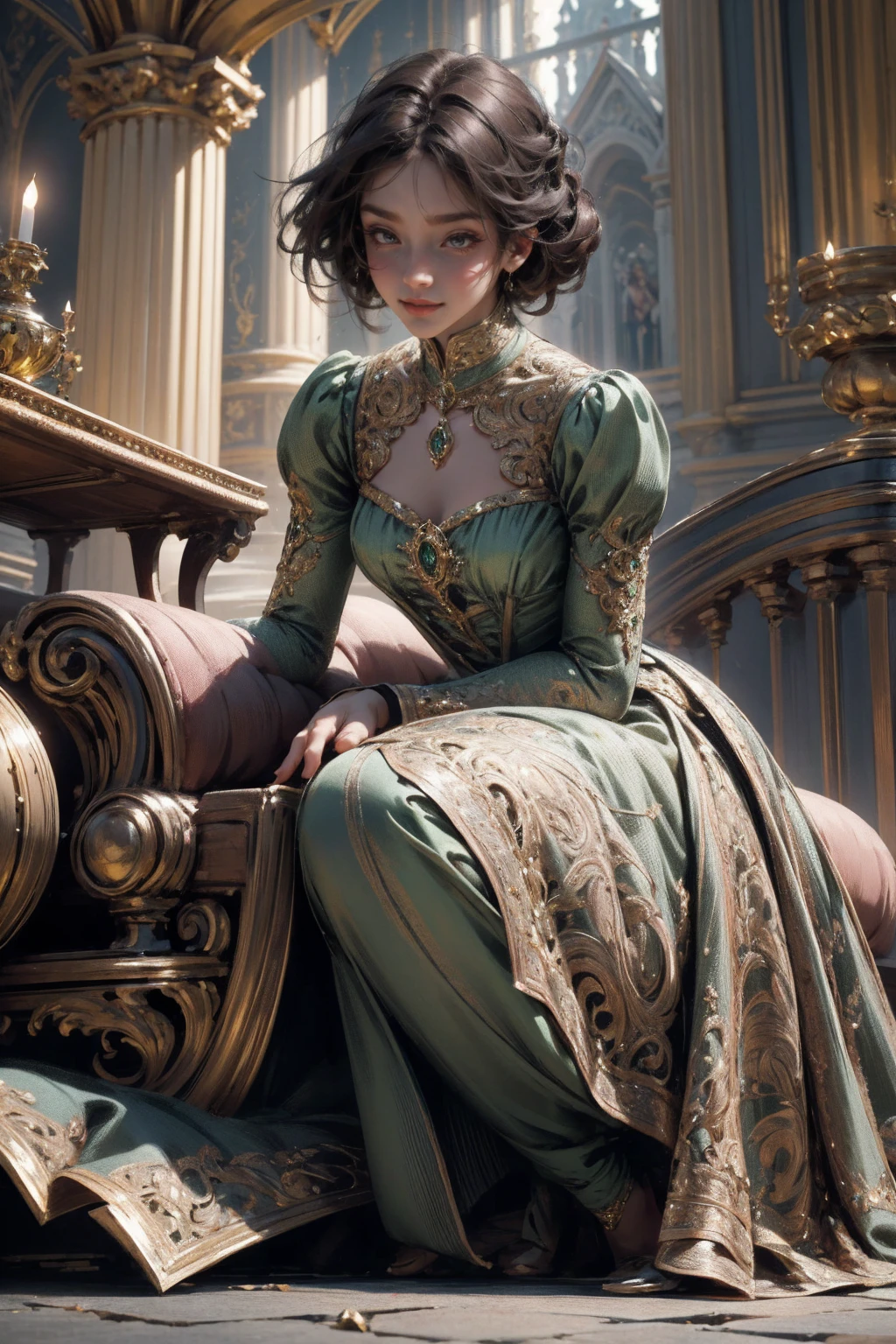 { - anatomy error}(Masterpiece - Ultra-detailed, very high resolution) Prepare to be enchanted by a true masterpiece that combines ultra-detailed art with high-resolution rendering. This work depicts a mesmerizing woman with medium brown hair (1.3) and captivating gray eyes (1.2), emanating an aura of elegance and mystery in Victorian settings. The intricate details and realistic textures invite you to explore every aspect of this enchanting composition. Woman wearing beautiful classic Victorian costume from the year 1878. Red lips. Happy face. Smiling. light green (gold) dress. Laying on the ground, whole body. dynamic poses. Get ready to dive into a world where beauty and craftsmanship merge perfectly, kissing a black man.