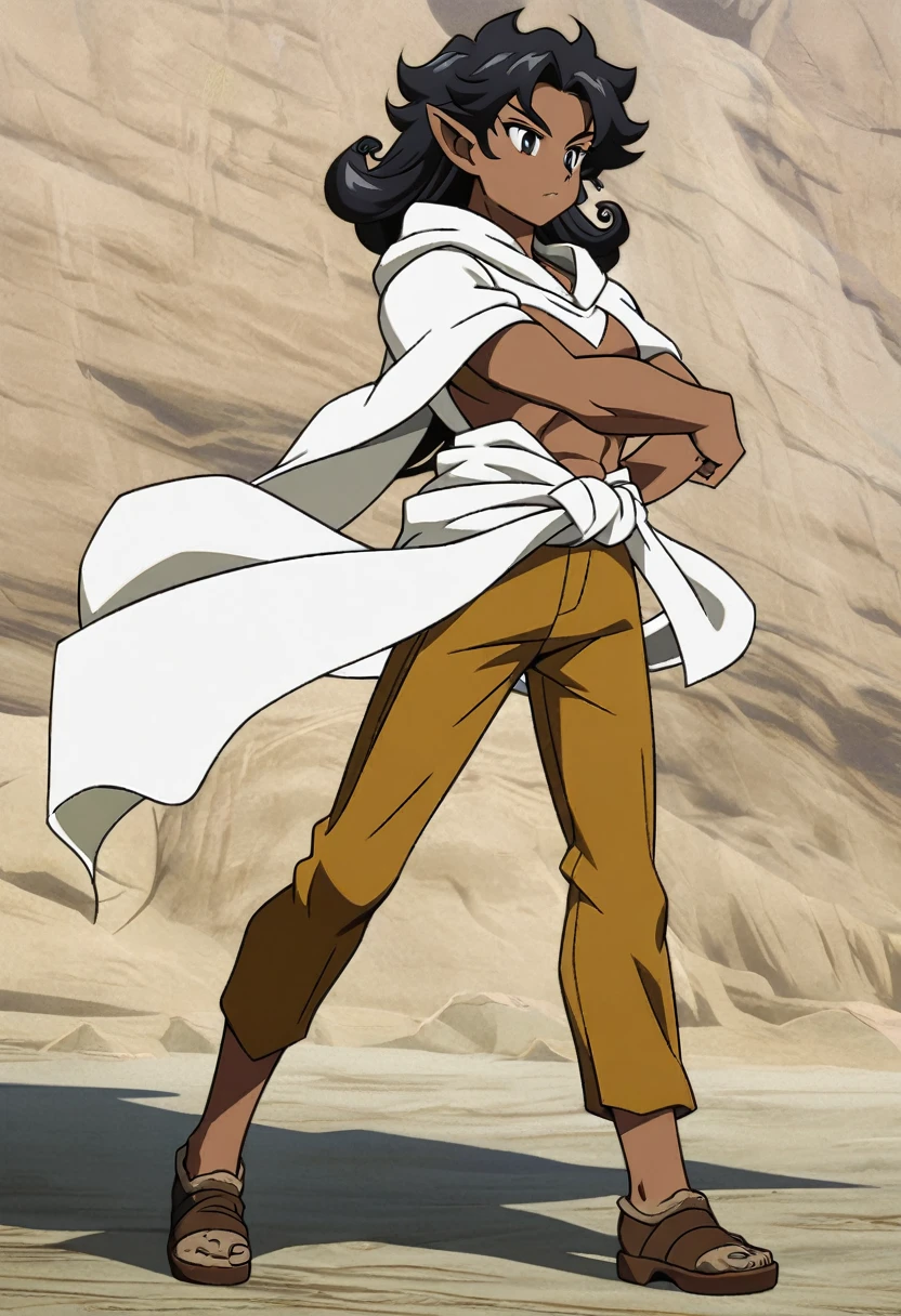anime art style, dark elf, african skin, black hair, curly longe hair, Black eyes, man, athletic body, druid clothing (white hood, brown pants, white cloth around the waist), Full body