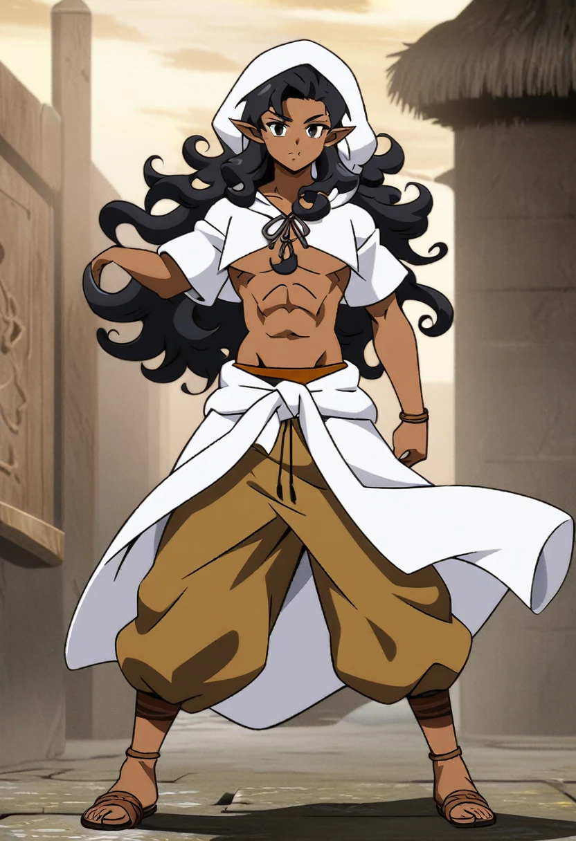 anime art style, dark elf, african skin, black hair, curly longe hair, Black eyes, man, athletic body, druid clothing (white hood, brown pants, white cloth around the waist), Full body