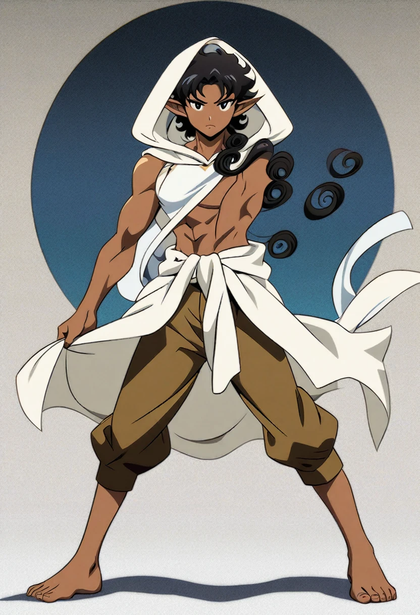 anime art style, dark elf, african skin, black hair, curly longe hair, Black eyes, man, athletic body, druid clothing (white hood, brown pants, white cloth around the waist), Full body