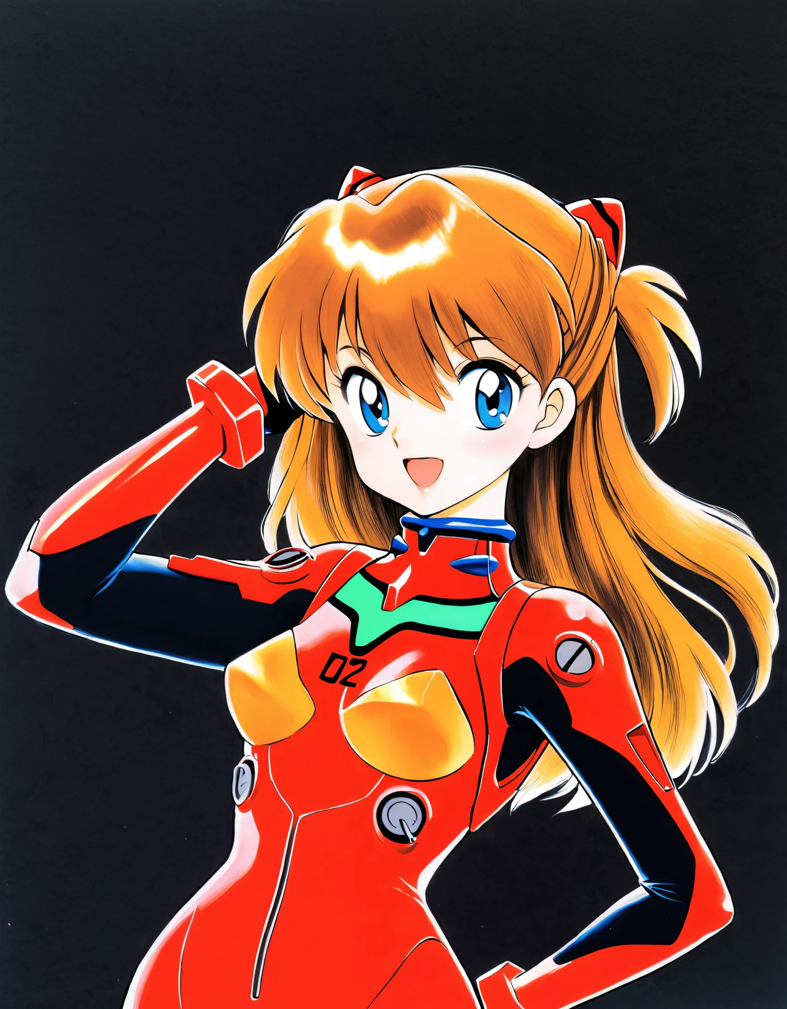 1girl,long hair,plugsuit,bodysuit,souryuu asuka langley,pilot suit,bracer,blue eyes,smile,open mouth,breasts,bangs,turtleneck,solo,cowboy shot,:d,hair between eyes,gloves,red bodysuit,small breasts,looking at viewer,headgear,two side up,hand on hip,skinny,adjusting hair,narrow waist,standing,orange hair,science fiction,hand up,shiny clothes,hair ornament,happy,from side,shiny,skin tight,simple background,black background,traditional media,