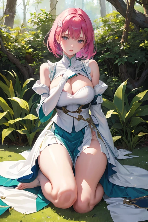 (Highest resolution, clear_image) highest quality, a female's masterpiece, Very detailed, Semi-realistic,(Most of the body), (highest quality, masterpiece, Ultra-realistic),Magenta hair, Straight Cut, , , Shadows appear in the eyes, short hair, ,Part your bangs in the center、I can see your forehead, ,,intimidating pose、The whole body from head to foot、、Sharp eyes、、、Breastplate armor、Emerald blue armor and white clothing、Tight Skirt、Swordsman、Partially armored、Holding a double-edged sword in hand、Full body shot to the toes、Ready your weapon、in the forest、Resting at the inn、A look of relief