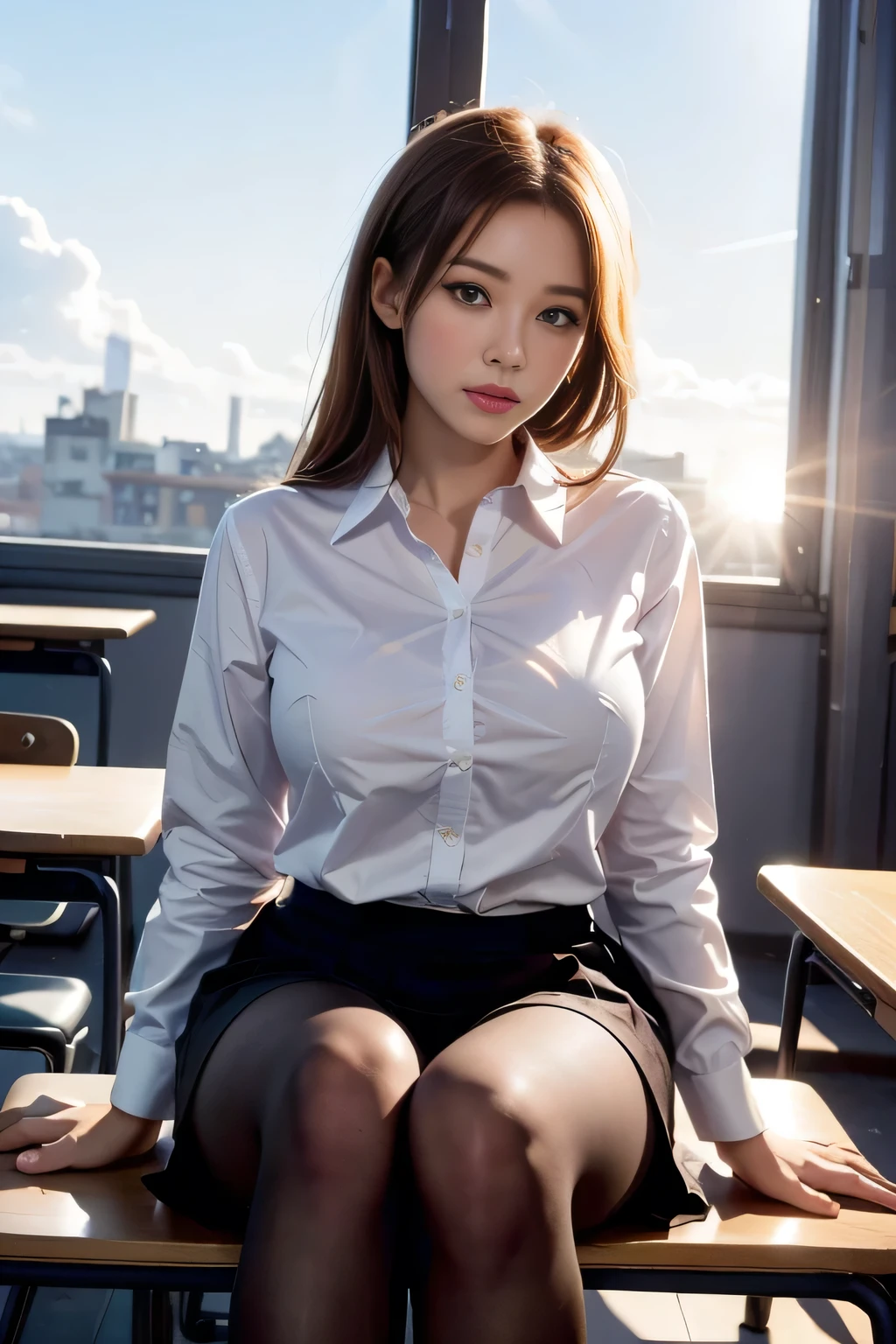top-quality, masterpiece, high-detail, 16k picture quality, Beautiful , Light brown medium hair, beautiful eyes of light brown, Uniforms, White blouses, Black_pantyhose, White panties showing vegina, plump big breasts, Large breasts that hang down by gravity, blushing, She Looking at the camera, Enraptured look, Opening legs, evening classroom, Bright red sky, Beautiful clouds in madder color,