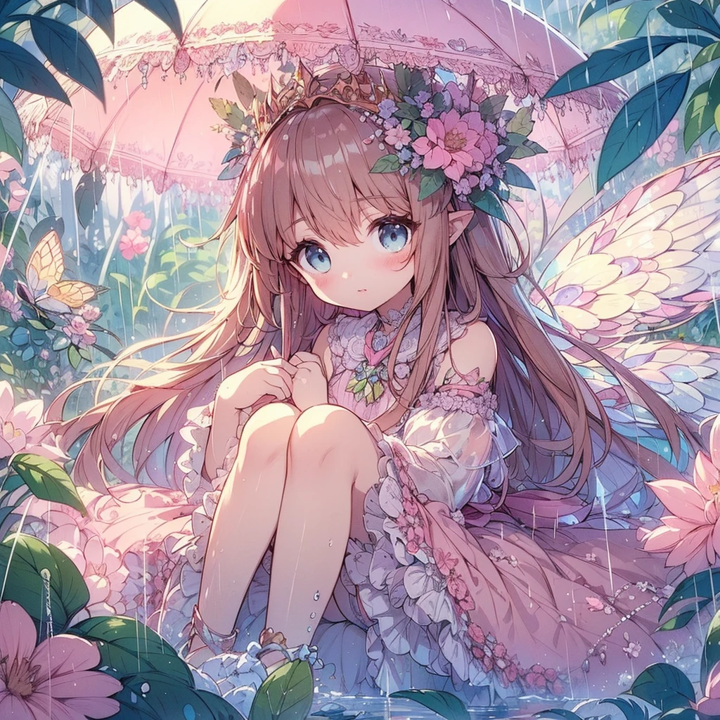 (Exquisite, beautiful, Very detailed, masterpiece, high quality,High resolution),(Well-formed face,Soft and thin lines: 1.2, A mature, beautiful and delicate illustration with a sense of transparency., Pixiv-inspired anime illustration,Cute pastel-colored girl illustrations that go viral among Japanese people on Twitter),A fairy princess with fairy wings is hiding in the large leaves in the rain in the Fairy Forest.,front,Whole body,whole body,rain,Fairy Forest,flower,large leaves,(Transparent fairy wings grow from your back), (Dazzling Smile), (Pearl Tiara, Pearl Earrings, Pearl Choker), A frilly dress with pastel-colored ribbons, lace and ruffles., (Pale pink blush, Plump pink lips,Large Bust,Fair skin, Good style),Bright colors,Eye-catching colors,Dynamic Angles