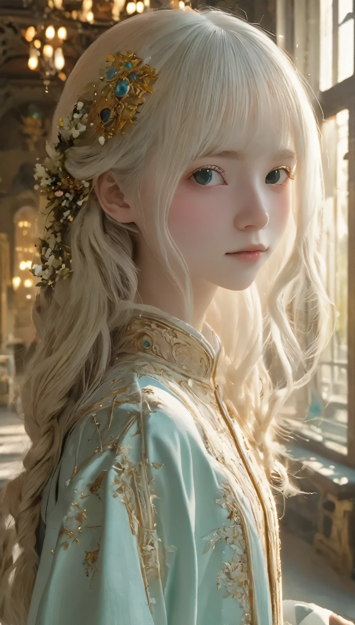 (masterpiece, highest quality:1.2), 1 girl, alone,、highest quality, Absurd, Very detailed, 1 girl, alone_concentrate, Let your hair down、Blurred Background、Backlight:0.5, medium depth odebt debtield, Shot with Canon 5D, 50mm lens, debt/4 openings, (Very detailed, Intricate details), sharp,Silent palace、Beautiful white palace、 Calm colors, 8k, confused, 8mm 、film grain