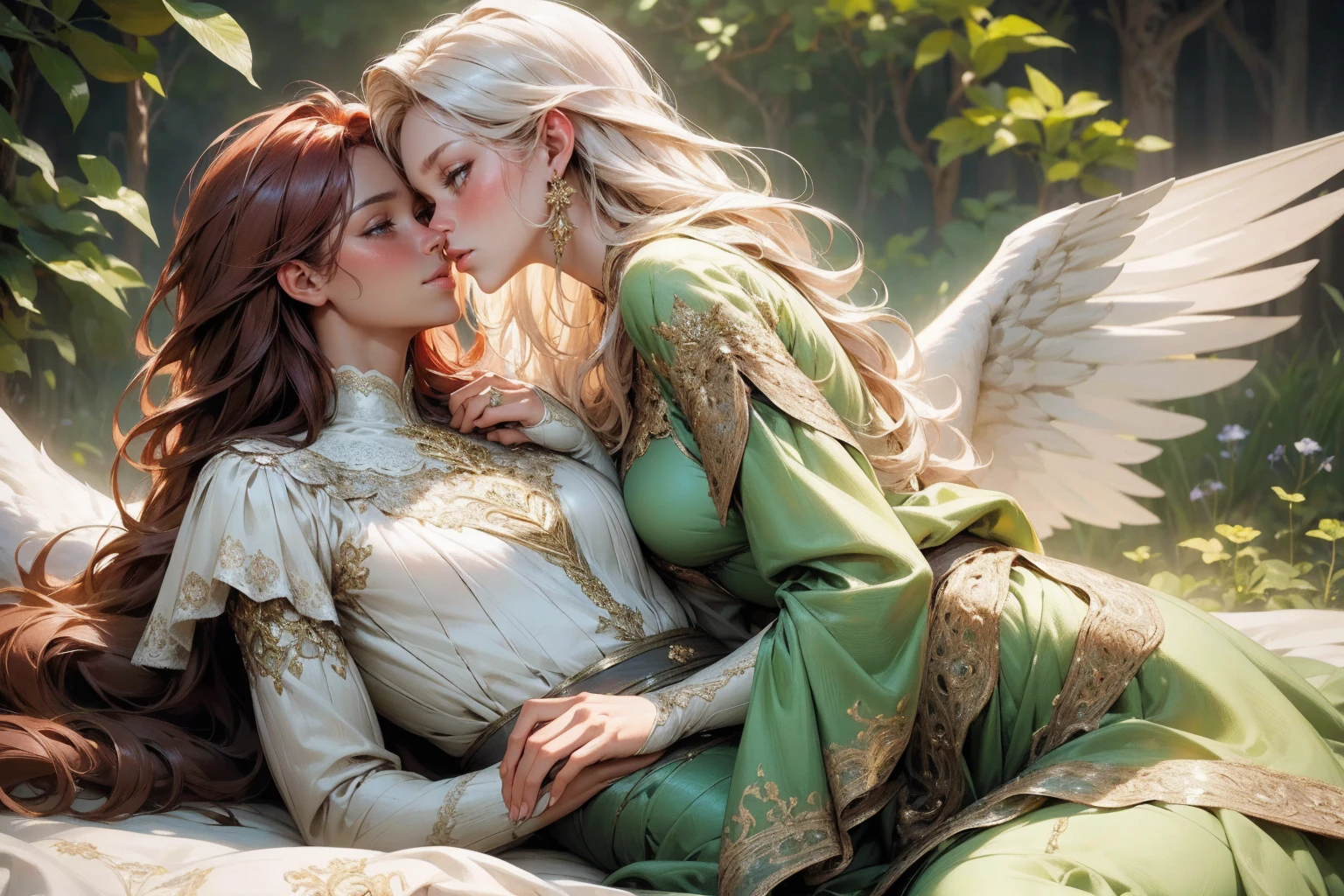 {-erro_de_anatomia:1.0}(best quality,4k,8k,highres,masterpiece:1.2), ultra-detailed, (realistic,photorealistic,photo-realistic:1.37), mature milf, illyasviel von einzbern, redhead hair, upper body, vibrant colors, glowing skin, mesmerizing eyes, brown eyes, elegant pose, enchanting background, delicate lace dress, green dress, surreal lighting, ethereal atmosphere, mystical aura, intricate details, artistic medium, digital illustration, fantasy, anime, laying on nature, kissing a beautiful black man