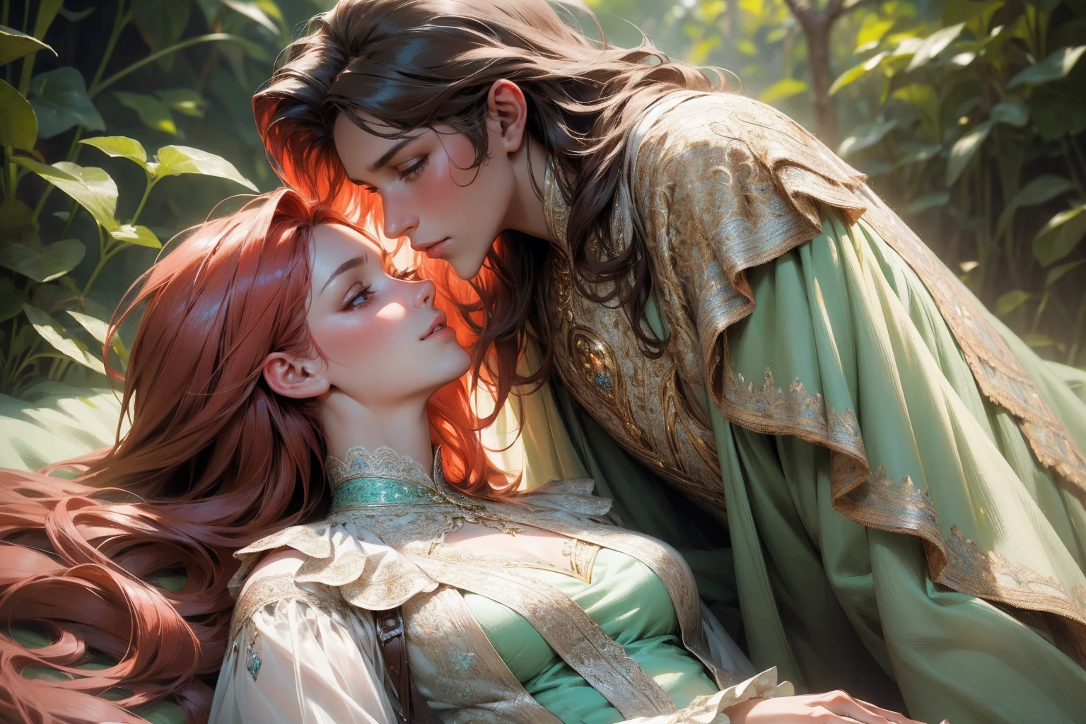 {-erro_de_anatomia:1.0}(best quality,4k,8k,highres,masterpiece:1.2), ultra-detailed, (realistic,photorealistic,photo-realistic:1.37), mature milf, illyasviel von einzbern, redhead hair, upper body, vibrant colors, glowing skin, mesmerizing eyes, brown eyes, elegant pose, enchanting background, delicate lace dress, green dress, surreal lighting, ethereal atmosphere, mystical aura, intricate details, artistic medium, digital illustration, fantasy, anime, laying on nature, kissing a beautiful black man
