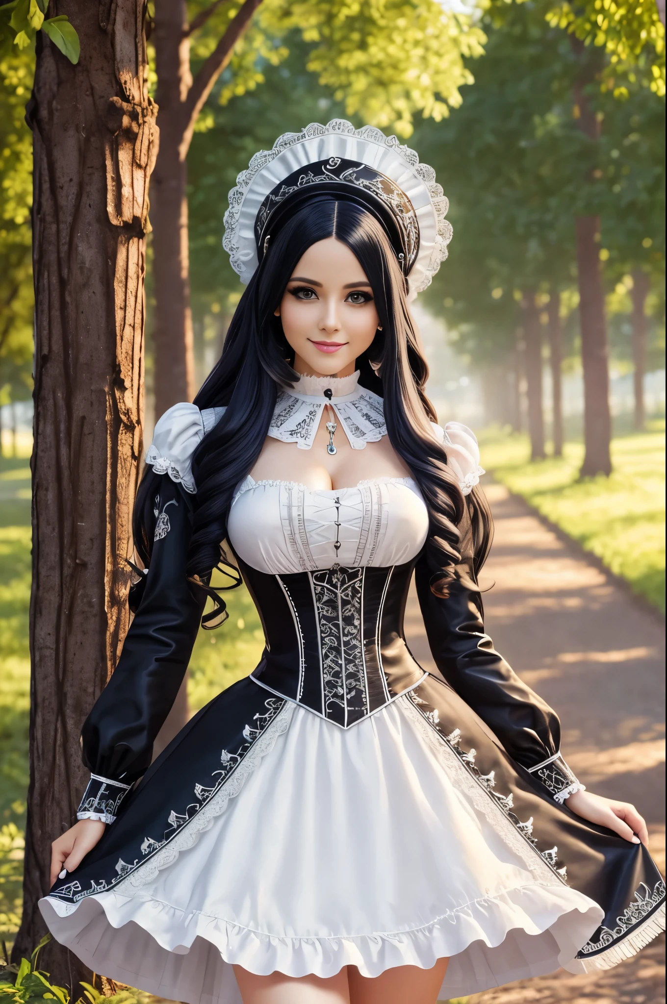 sexy stylish Swedish model, only 1 female, long stylish hair, very detailed Victorian-Style boots, (big smile), very detailed eyes, lipgloss, long lashes, defined eyebrows, ((sexy Paradise Kiss cosplay)), bell-shaped skirt, petticoats, high neckline, puffed sleeves, (( very detailed lace)), ((very detailed embroidery)), intricate details, Paradise Kiss accessoires and matching headpiece, choker, ((large sparkling Paradise Kiss jewelry)), cinematic light, detailed large park background with trees