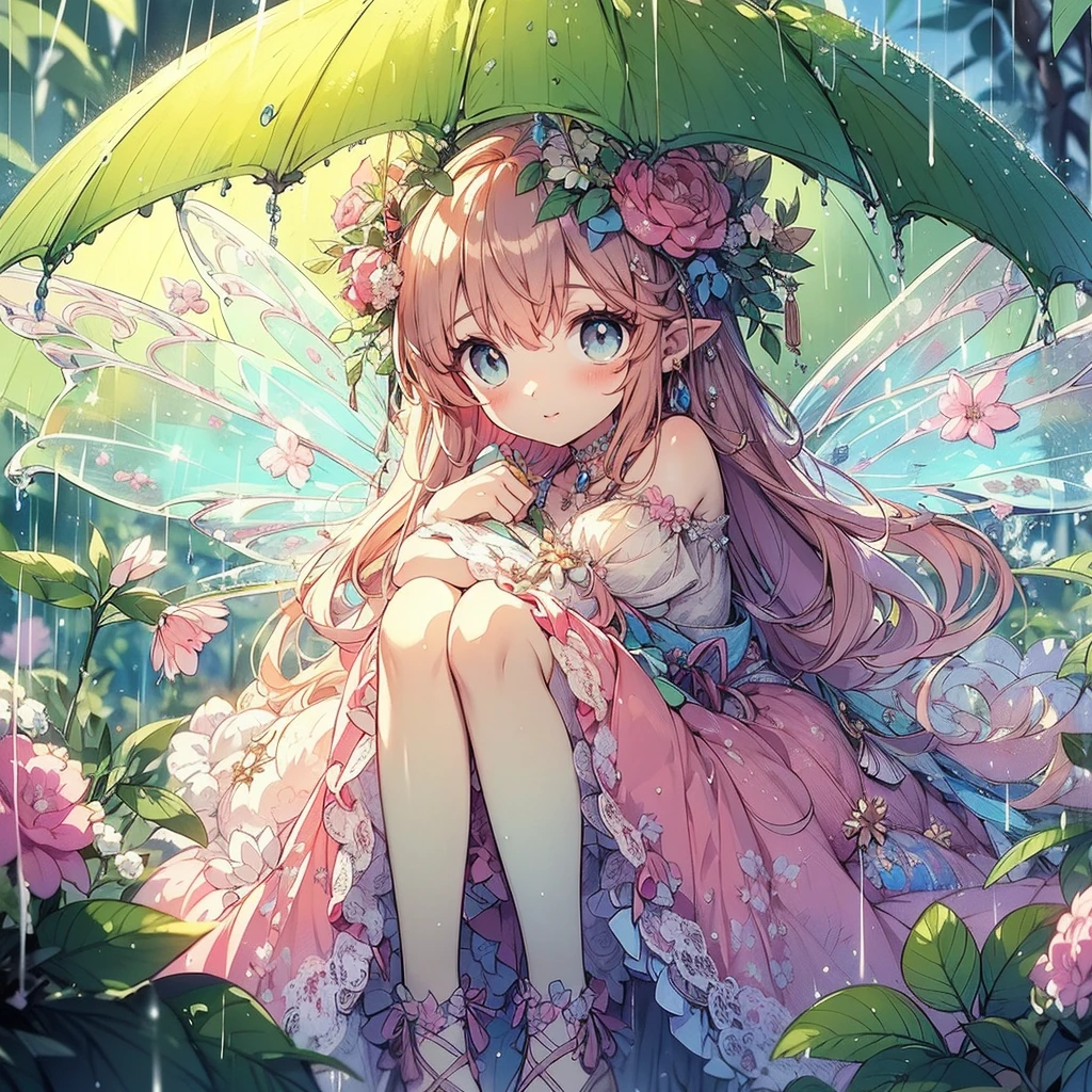 (Exquisite, beautiful, Very detailed, masterpiece, high quality,High resolution),(Well-formed face,Soft and thin lines: 1.2, A mature, beautiful and delicate illustration with a sense of transparency., Pixiv-inspired anime illustration,Cute pastel-colored girl illustrations that go viral among Japanese people on Twitter),A fairy princess with fairy wings is hiding in the large leaves in the rain in the Fairy Forest.,front,Whole body,whole body,rain,Fairy Forest,flower,large leaves,(Transparent fairy wings grow from your back), (Dazzling Smile), (Pearl Tiara, Pearl Earrings, Pearl Choker), A frilly dress with pastel-colored ribbons, lace and ruffles., (Pale pink blush, Plump pink lips,Large Bust,Fair skin, Good style),Bright colors,Eye-catching colors,Dynamic Angles