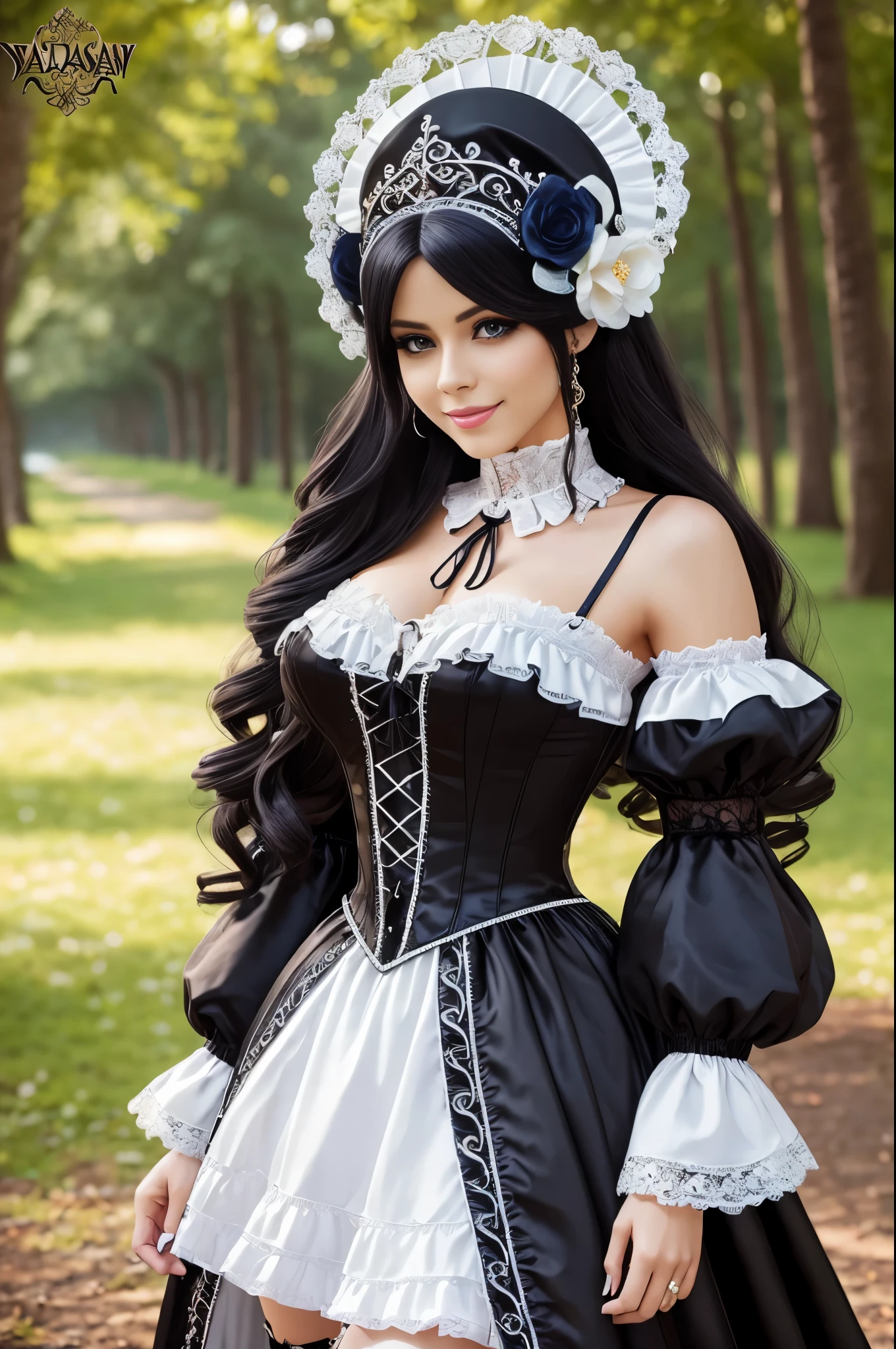 sexy stylish Swedish model, only 1 female, long stylish hair, very detailed Victorian-Style boots, (big smile), very detailed eyes, lipgloss, long lashes, defined eyebrows, ((sexy Paradise Kiss cosplay)), bell-shaped skirt, petticoats, high neckline, puffed sleeves, (( very detailed lace)), ((very detailed embroidery)), intricate details, Paradise Kiss accessoires and matching headpiece, choker, ((large sparkling Paradise Kiss jewelry)), cinematic light, detailed large park background with trees