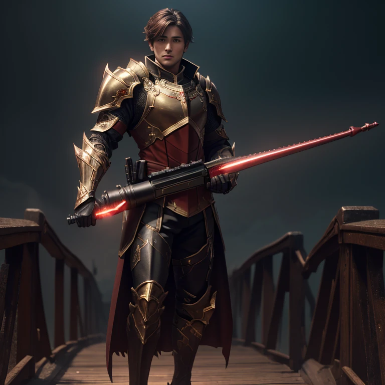 master piece, best quality, 4k, (master piece:1.5), (best quality:1.5), 8k,wallpaper, Full Body, ethereal lighting, sharp focus, Full Body, A short brown hair Male dark fantasy warrior wearing a black and red light armor with small gold accents, no helmet, holding a sniper rifle , bridge background