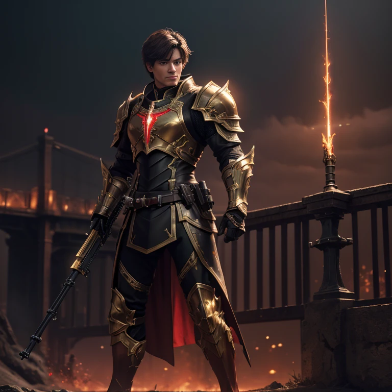 master piece, best quality, 4k, (master piece:1.5), (best quality:1.5), 8k,wallpaper, Full Body, ethereal lighting, sharp focus, Full Body, A short brown hair Male dark fantasy warrior wearing a black and red light armor with small gold accents, no helmet, holding a sniper rifle , bridge background