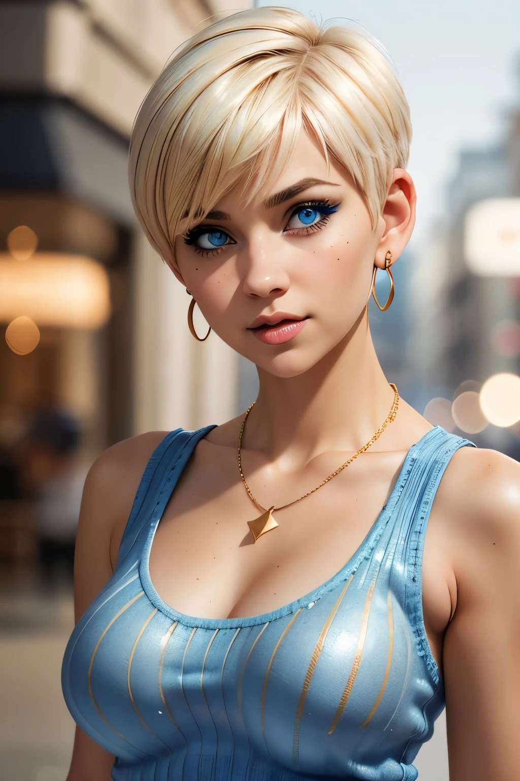 1 girl, blue eyes, blond pixie cut hair, blue mascara makeup, big breasts, cropped knit tank top, necklace, gold earrings, portrait, bokeh