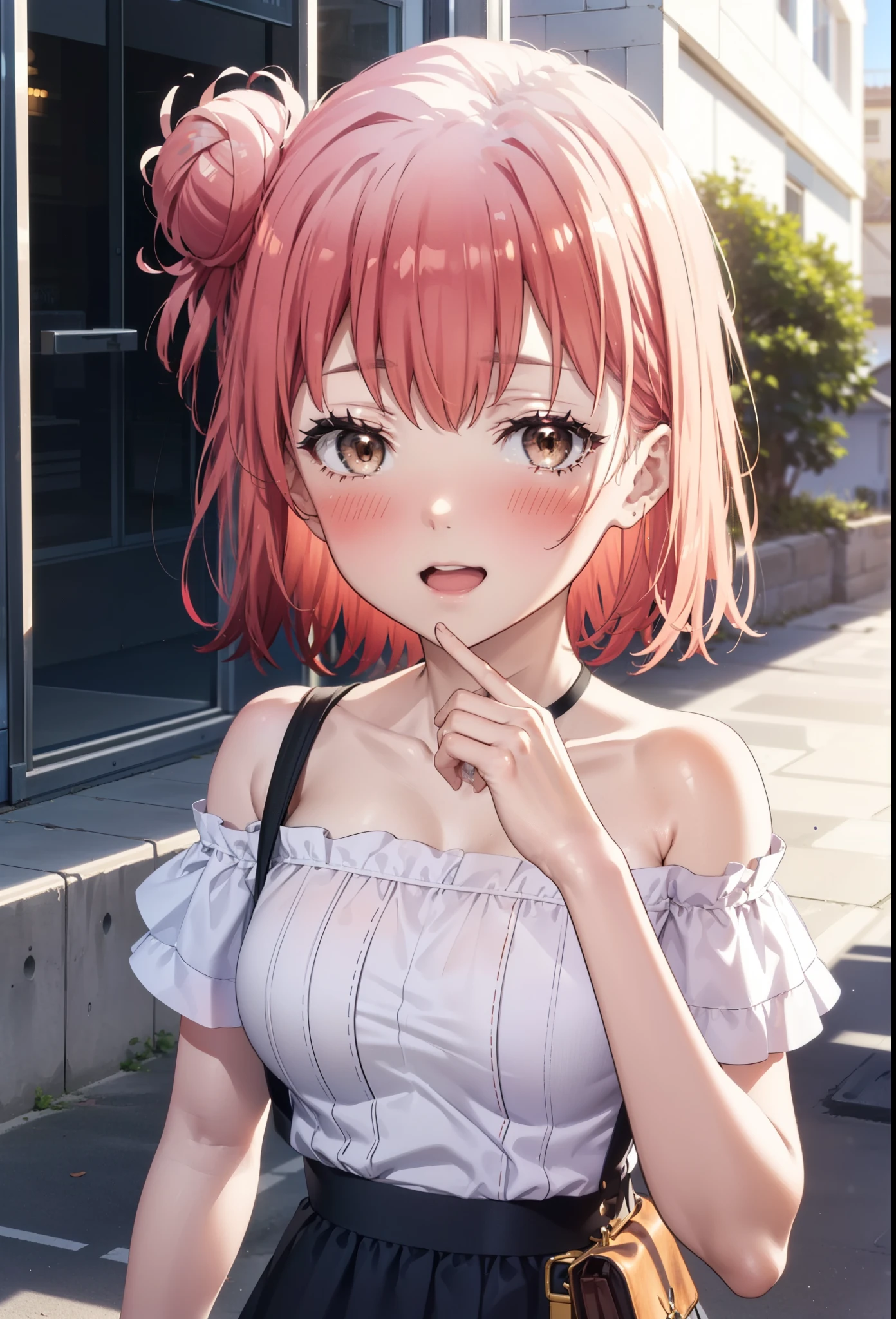 yuiyuigahama, yui yuigahama, short hair, (Brown eyes:1.5), (Pink Hair:1.2), Hair Bun, Big Breasts,single Hair Bun, happy smile, smile, Open your mouth,Cord off-shoulder top,Short sleeve,Long skirt,Stiletto heels,morning,morning陽,The sun is rising,walk,whole bodyがイラストに入るように,morning,morning陽,The sun is rising,On the way to school,
break outdoors, School,School building,
break looking at viewer, whole body,
break (masterpiece:1.2), highest quality, High resolution, unity 8k wallpaper, (shape:0.8), (Beautiful details:1.6), Highly detailed face, Perfect lighting, Highly detailed CG, (Perfect hands, Perfect Anatomy),