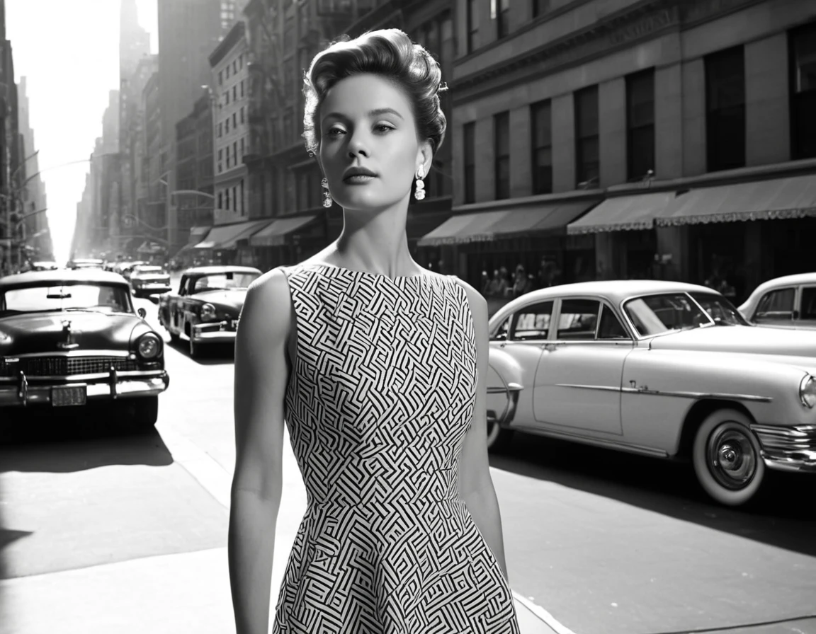 A black and white photo of an elegant woman in the streets of New York, wearing a simple dress with her hair up, posing for the camera, looking to one side, hyperreal photography, sunlight highlights details on her face and body, creating soft shadows that accentuate her features, contemplative expression, wearing large earrings, adding depth to the scene, vintage car, city street in the background