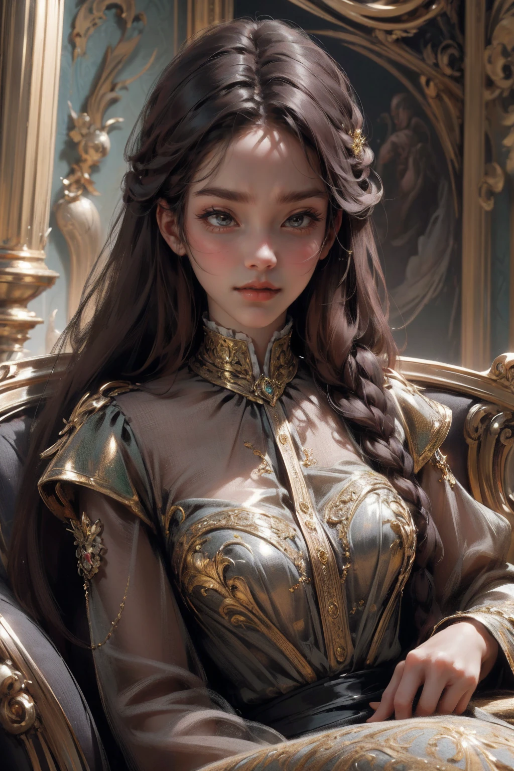 { - anatomy error}(Masterpiece - Ultra-detailed, very high resolution) Prepare to be enchanted by a true masterpiece that combines ultra-detailed art with high-resolution rendering. This work depicts a mesmerizing woman with very long brown hair (1.3) and captivating gray eyes (1.2), emanating an aura of elegance and mystery in Victorian settings. The intricate details and realistic textures invite you to explore every aspect of this enchanting composition. Woman wearing beautiful classic Victorian costume from the year 1878. Red lips. Happy face. Smiling. light green (gold) dress. Laying on the ground, whole body. dynamic poses. Get ready to dive into a world where beauty and craftsmanship merge perfectly, kissing a black man.