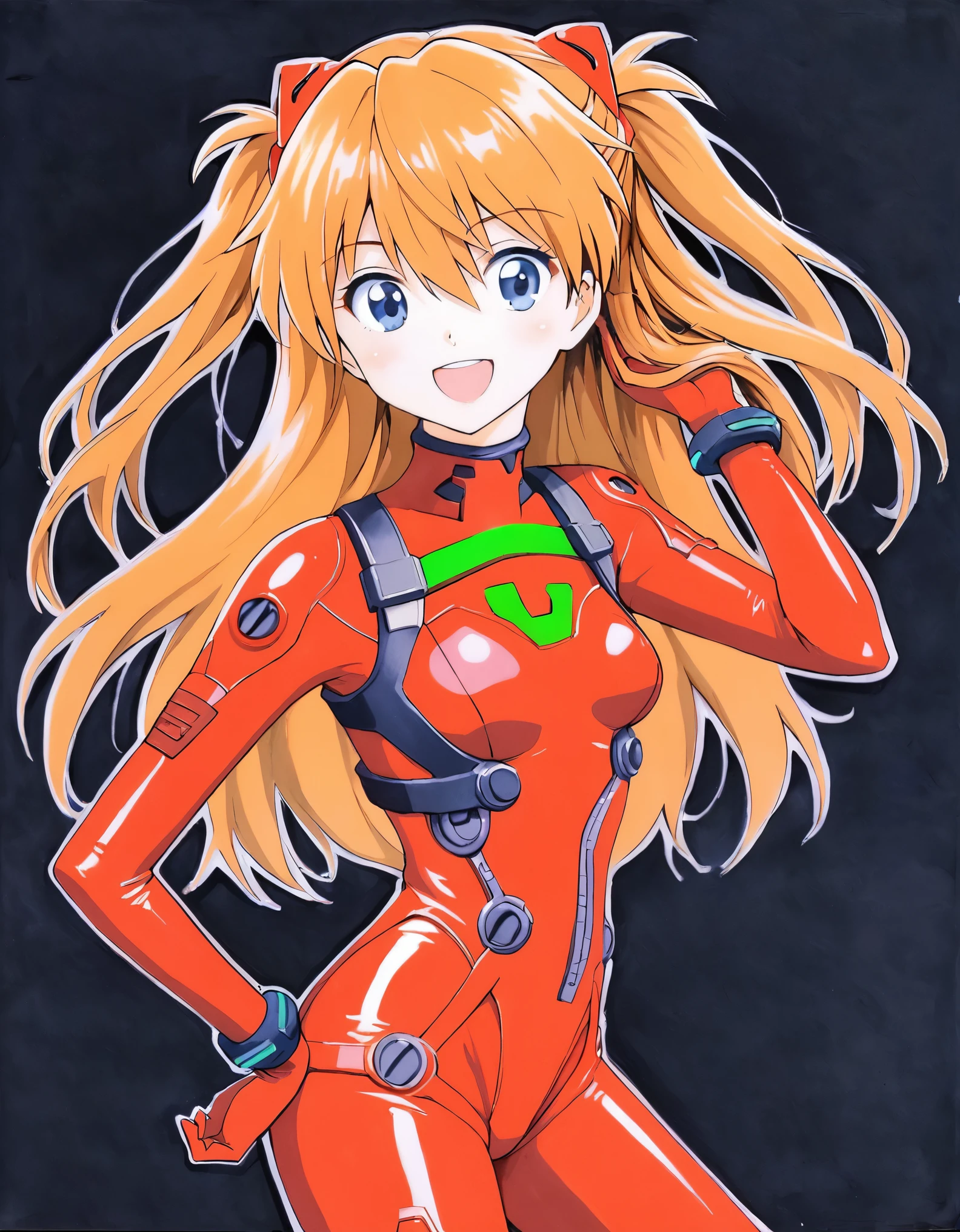 1girl,long hair,plugsuit,bodysuit,souryuu asuka langley,pilot suit,bracer,blue eyes,smile,open mouth,breasts,bangs,turtleneck,solo,cowboy shot,:d,hair between eyes,gloves,red bodysuit,small breasts,looking at viewer,headgear,two side up,hand on hip,skinny,adjusting hair,narrow waist,standing,orange hair,science fiction,hand up,shiny clothes,hair ornament,happy,from side,shiny,skin tight,simple background,black background,traditional media,