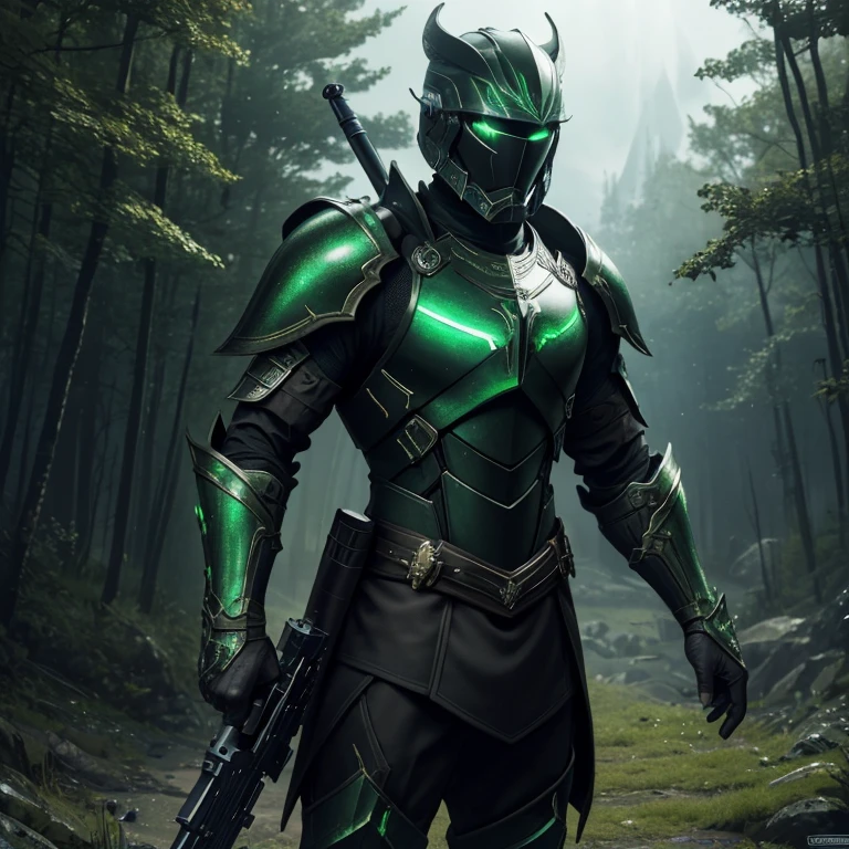 master piece, best quality, 4k, (master piece:1.5), (best quality:1.5), 8k,wallpaper, Full Body, ethereal lighting, sharp focus, Full Body, A short brown hair Male dark fantasy warrior wearing a black and green light armor with small accents, no helmet, holding a sniper rifle , bridge background