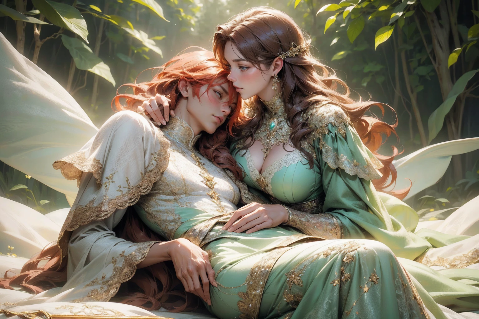 {-erro_de_anatomia:1.0}(best quality,4k,8k,highres,masterpiece:1.2), ultra-detailed, (realistic,photorealistic,photo-realistic:1.37), mature milf, illyasviel von einzbern, redhead hair, upper body, vibrant colors, glowing skin, mesmerizing eyes, brown eyes, elegant pose, enchanting background, delicate lace dress, green dress, surreal lighting, ethereal atmosphere, mystical aura, intricate details, artistic medium, digital illustration, fantasy, anime, laying on nature, kissing a beautiful black man
