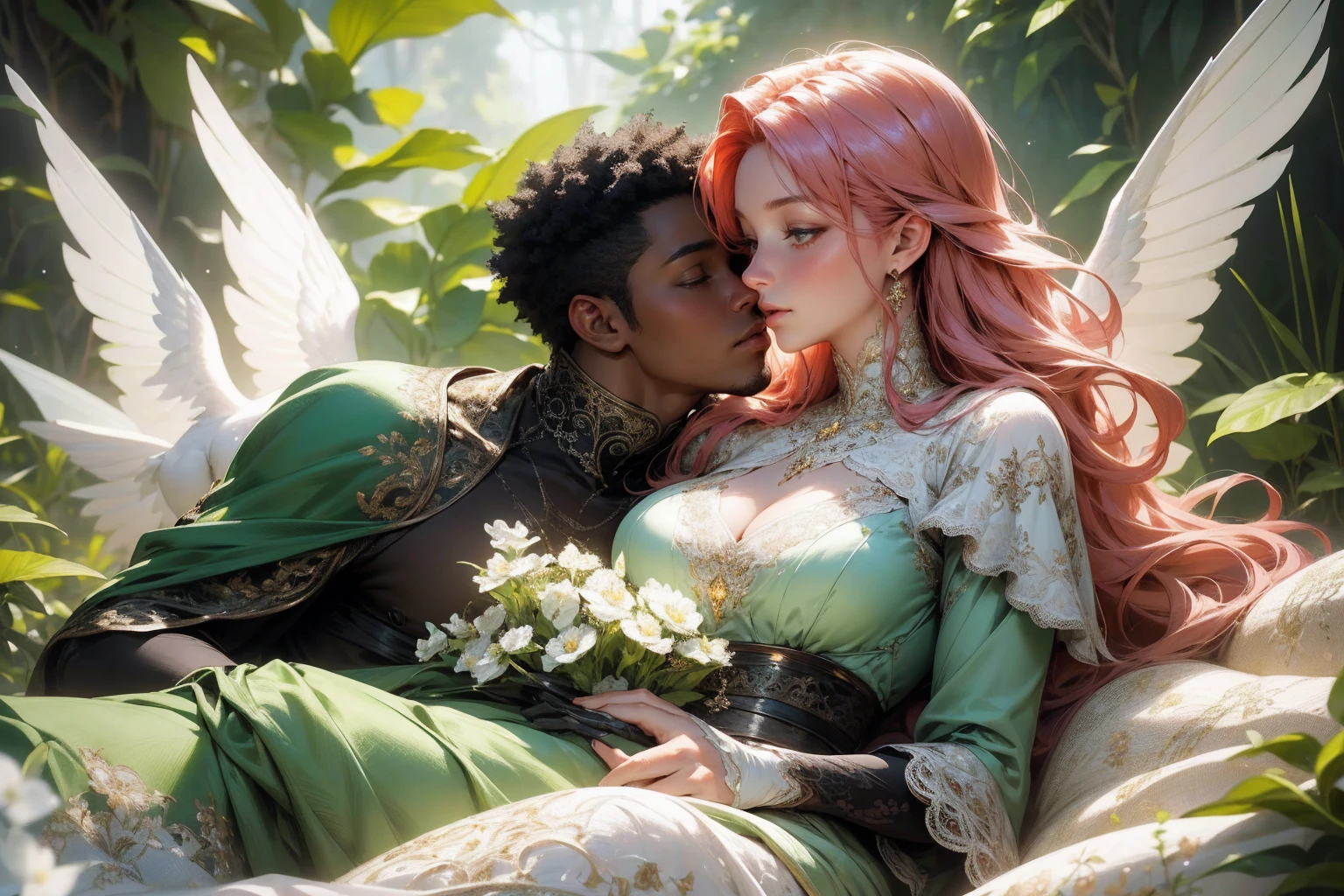 {-erro_de_anatomia:1.0}(best quality,4k,8k,highres,masterpiece:1.2), ultra-detailed, (realistic,photorealistic,photo-realistic:1.37), mature milf, illyasviel von einzbern, redhead hair, upper body, vibrant colors, glowing skin, mesmerizing eyes, brown eyes, elegant pose, enchanting background, delicate lace dress, green dress, surreal lighting, ethereal atmosphere, mystical aura, intricate details, artistic medium, digital illustration, fantasy, anime, laying on nature, kissing a beautiful black man