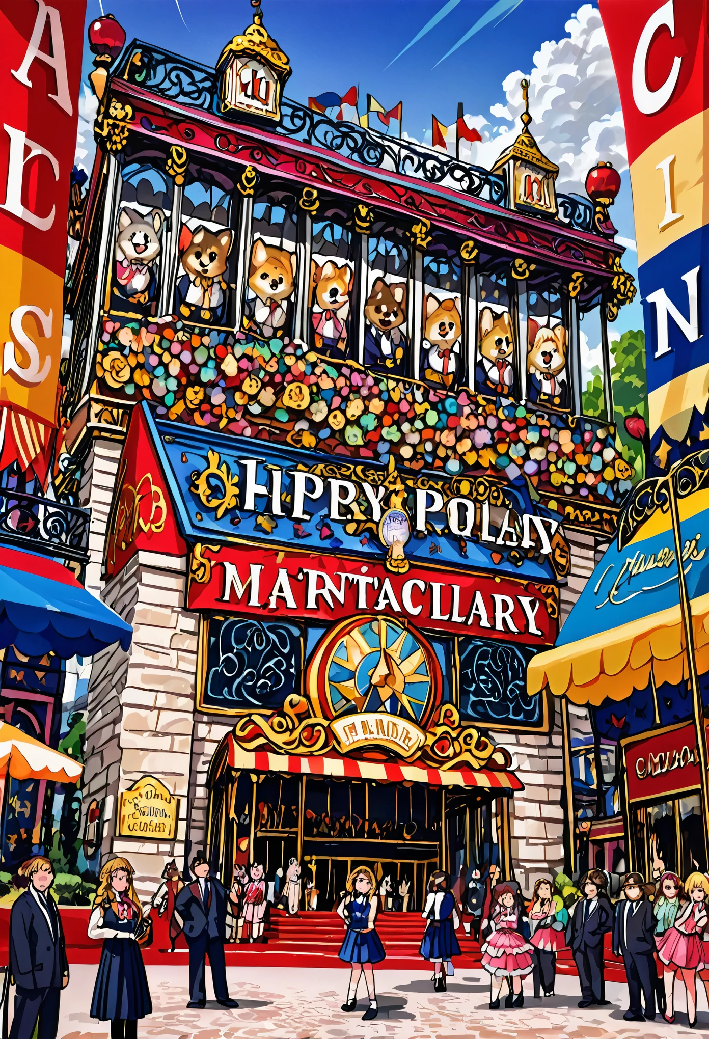 top quality, best quality, High-quality illustrations, masterpiece, super high resolution, detailed background, detailed background, An amusement park, Disneyland, 3+boys, 3+girls, Happy, joyful, absurdres, perfect anatomy(Photos taken with friends)(kemono, furry anthro),