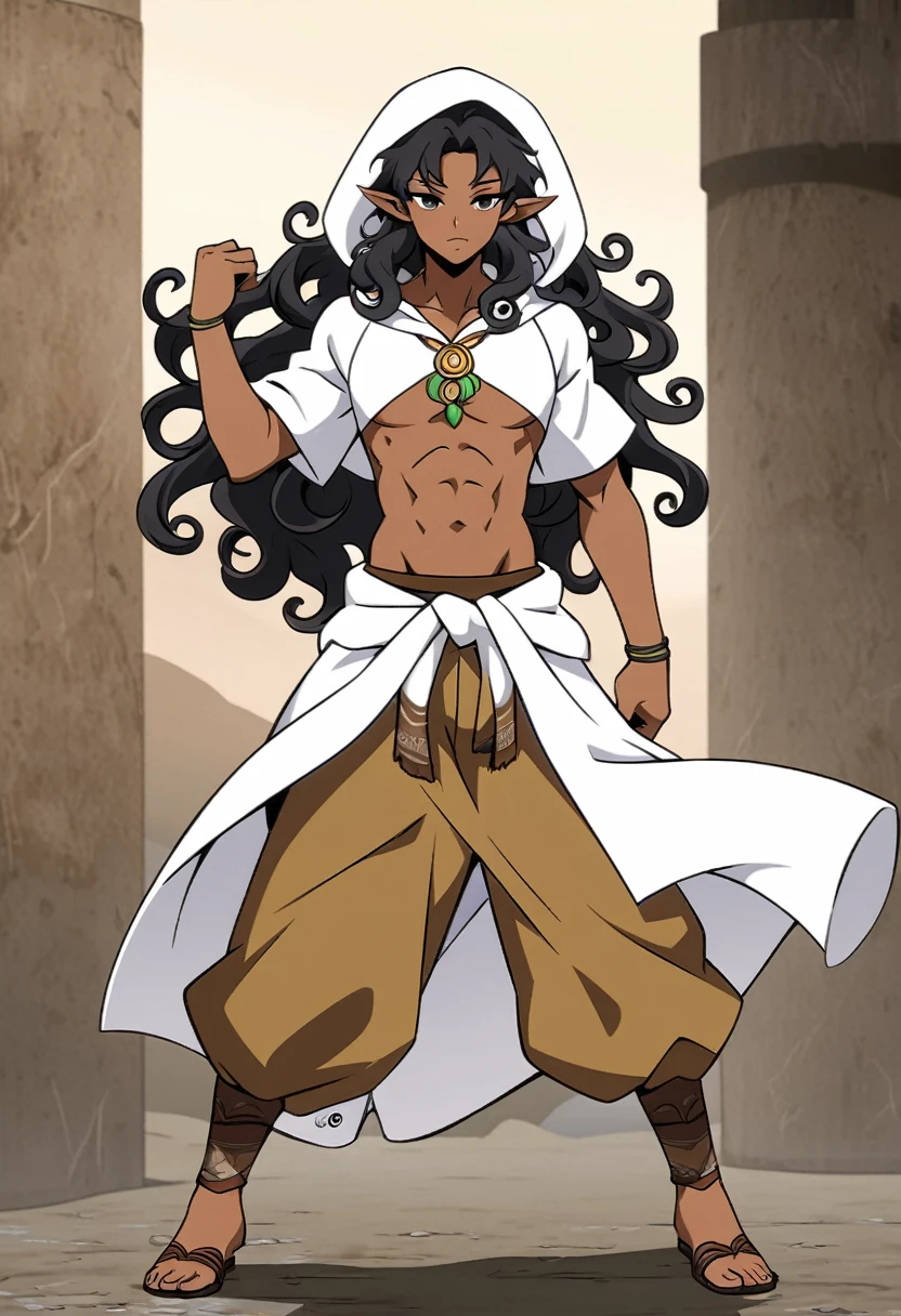 anime art style, dark elf, african skin, black hair, curly longe hair, Black eyes, man, athletic body, druid clothing (white hood, brown pants, white cloth around the waist), Full body