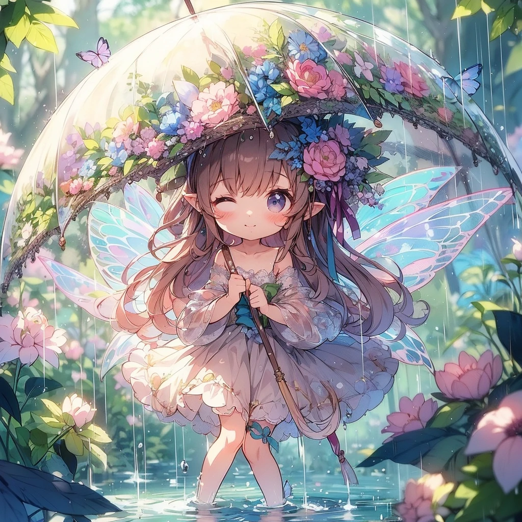 (Exquisite, beautiful, Very detailed, masterpiece, high quality,High resolution),(Well-formed face,Soft and thin lines: 1.2, A mature, beautiful and delicate illustration with a sense of transparency., Pixiv-inspired anime illustration,Cute pastel-colored girl illustrations that go viral among Japanese people on Twitter),A fairy princess with fairy wings is hiding in the large leaves in the rain in the Fairy Forest.,front,Whole body,whole body,rain,Fairy Forest,flower,large leaves,(Transparent fairy wings grow from your back), (Dazzling Smile), (Pearl Tiara, Pearl Earrings, Pearl Choker), A frilly dress with pastel-colored ribbons, lace and ruffles., (Pale pink blush, Plump pink lips,Large Bust,Fair skin, Good style),Bright colors,Eye-catching colors,Dynamic Angles