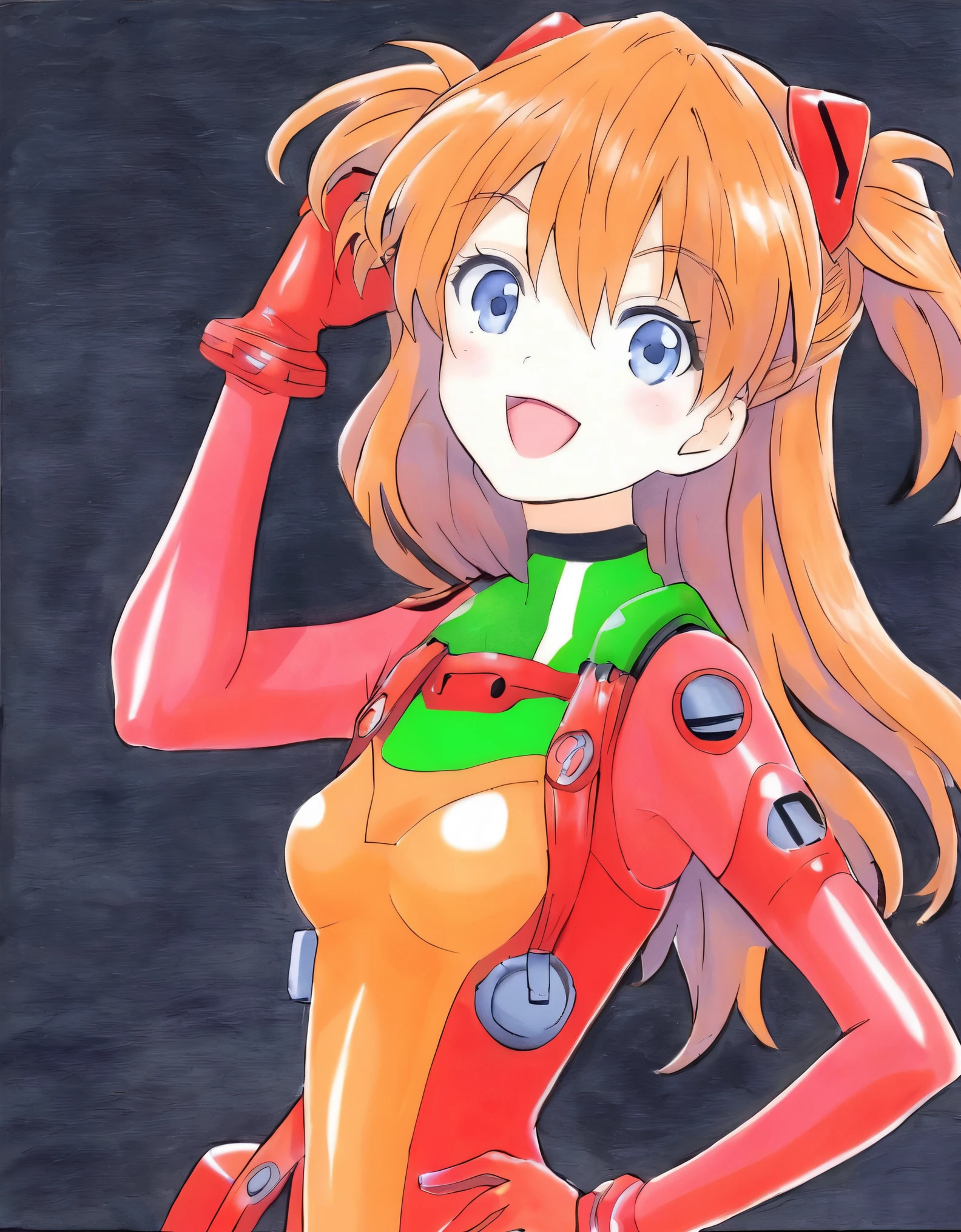 1girl,long hair,plugsuit,bodysuit,souryuu asuka langley,pilot suit,bracer,blue eyes,smile,open mouth,breasts,bangs,turtleneck,solo,cowboy shot,:d,hair between eyes,gloves,red bodysuit,small breasts,looking at viewer,headgear,two side up,hand on hip,skinny,adjusting hair,narrow waist,standing,orange hair,science fiction,hand up,shiny clothes,hair ornament,happy,from side,shiny,skin tight,simple background,black background,traditional media,