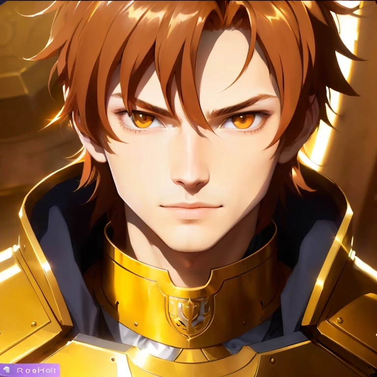 Realistic young man with gold eyes and orange hair wearing heavy golden armor