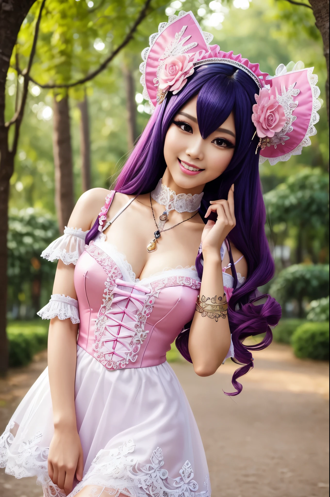 sexy stylish Thai model, only 1 female, long neon pink stylish hair, very detailed Victorian-Style boots, (big smile), very detailed eyes, lipgloss, long lashes, defined eyebrows, ((sexy Paradise Kiss cosplay)), bell-shaped skirt, petticoats, high neckline, puffed sleeves, (( very detailed lace)), ((very detailed embroidery)), intricate details, Paradise Kiss accessoires and matching headpiece, choker, ((large sparkling Paradise Kiss jewelry)), cinematic light, detailed large park background with trees 