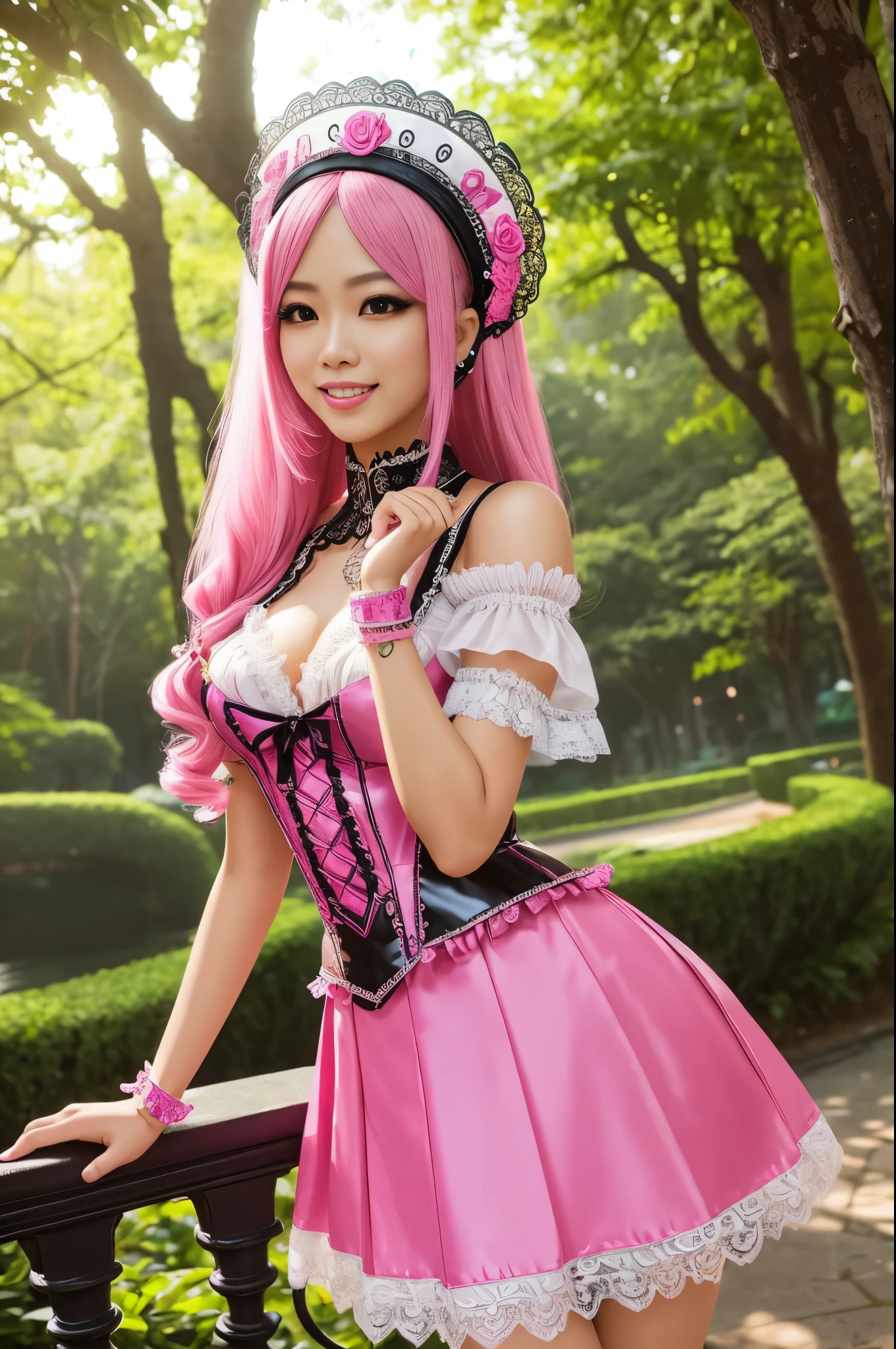 sexy stylish Thai model, only 1 female, long neon pink stylish hair, very detailed Victorian-Style boots, (big smile), very detailed eyes, lipgloss, long lashes, defined eyebrows, ((sexy Paradise Kiss cosplay)), bell-shaped skirt, petticoats, high neckline, puffed sleeves, (( very detailed lace)), ((very detailed embroidery)), intricate details, Paradise Kiss accessoires and matching headpiece, choker, ((large sparkling Paradise Kiss jewelry)), cinematic light, detailed large park background with trees