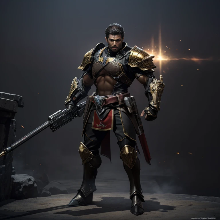 master piece, best quality, 4k, (master piece:1.5), (best quality:1.5), 8k,wallpaper, Full Body, ethereal lighting, sharp focus, Full Body, A short brown hair Male dark fantasy warrior wearing a black and red light armor with small gold accents, no helmet, holding a sniper rifle , bridge background