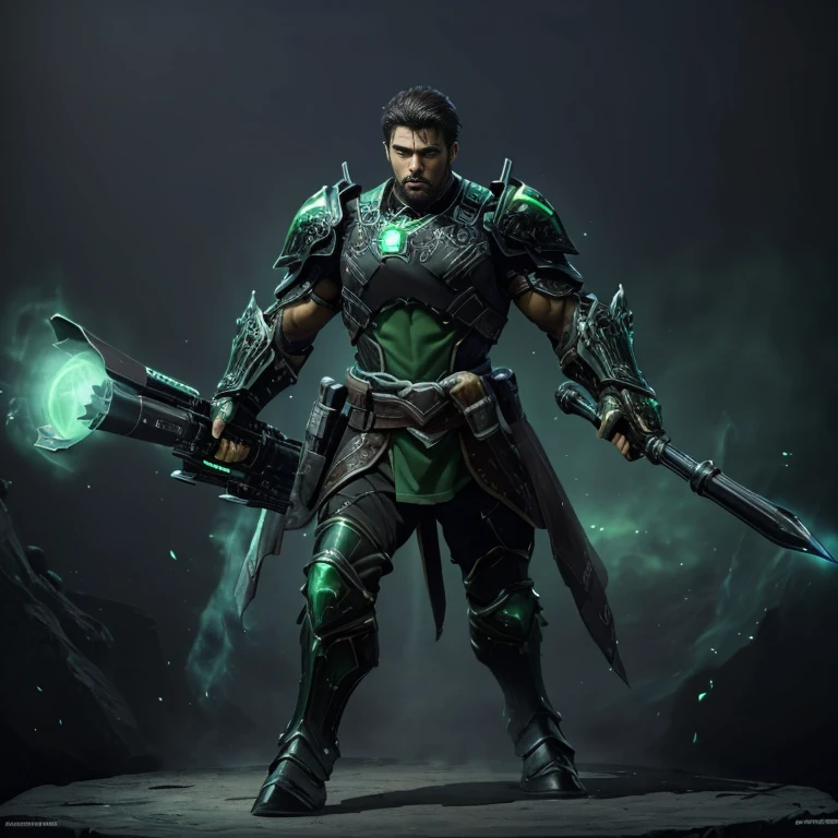 master piece, best quality, 4k, (master piece:1.5), (best quality:1.5), 8k,wallpaper, Full Body, ethereal lighting, sharp focus, Full Body, A short brown hair Male dark fantasy warrior wearing a black and green light armor with small accents, no helmet, holding a sniper rifle , bridge background