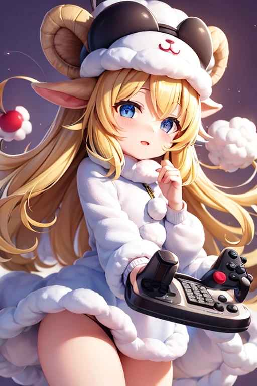 Animated character wearing a sheep-shaped hat, Have a game controller in your hand, Lively and cute expression, High quality work, sheep