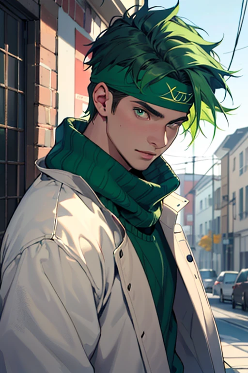 ((melhor qualidade)), ((Obra de arte)), (detalhado), perfect face, a boy with green hair, a headband and a green sweater
