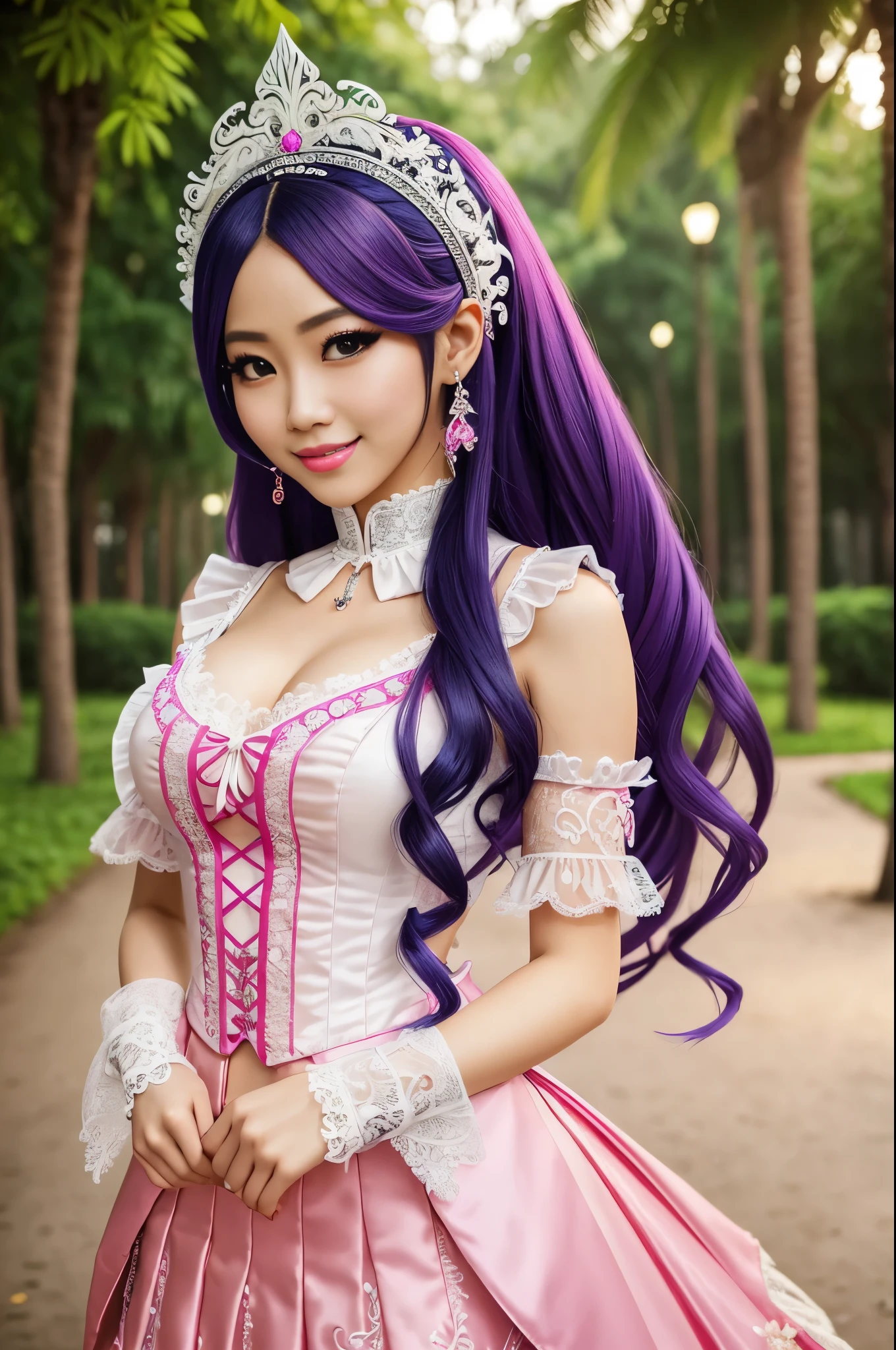 sexy stylish Thai model, only 1 female, long neon pink stylish hair, ((shiny Victorian-Style boots)), beautiful smile, ultra detailed eyes, vivid eye makeup, lipgloss, long lashes, defined eyebrows, ((sexy Paradise Kiss cosplay)), bell-shaped skirt, petticoats, high neckline, puffed sleeves, (( ultra detailed lace)), ((ultra detailed embroidery)), intricate details, Paradise Kiss accessoires and matching headpiece, choker, ((large sparkling Paradise Kiss jewelry)), cinematic light, detailed large park background with trees