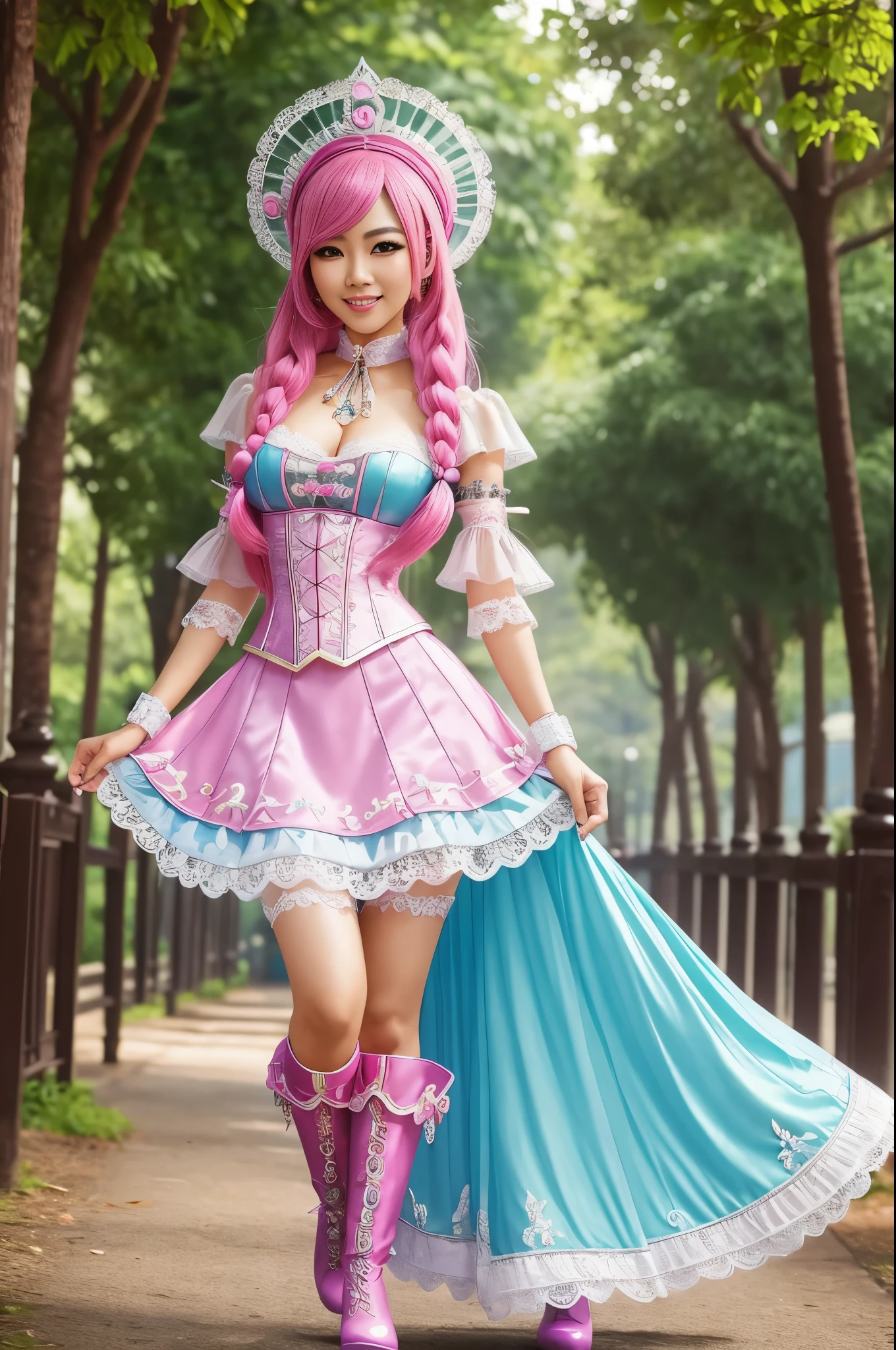 sexy stylish Thai model, only 1 female, long neon pink stylish hair, ((shiny Victorian-Style boots)), beautiful smile, ultra detailed eyes, vivid eye makeup, lipgloss, long lashes, defined eyebrows, ((sexy Paradise Kiss cosplay)), bell-shaped skirt, petticoats, high neckline, puffed sleeves, (( ultra detailed lace)), ((ultra detailed embroidery)), intricate details, Paradise Kiss accessoires and matching headpiece, choker, ((large sparkling Paradise Kiss jewelry)), cinematic light, detailed large park background with trees